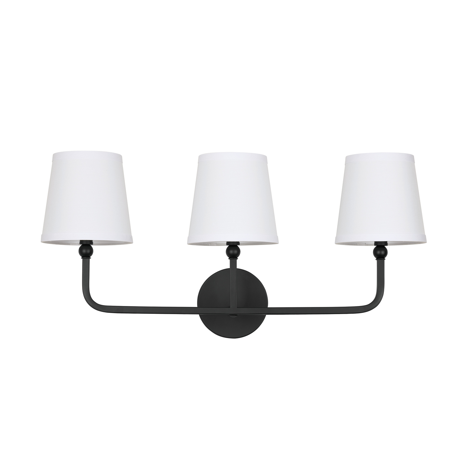 25.5" W x 12" H x 7" E 3-Light Vanity in Matte Black with White Fabric Shades