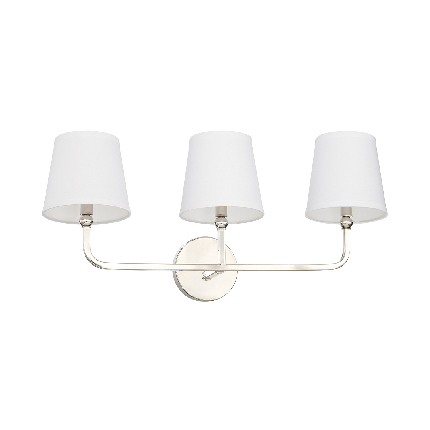25.5" W x 12" H x 7" E 3-Light Vanity in Polished Nickel with White Fabric Shades