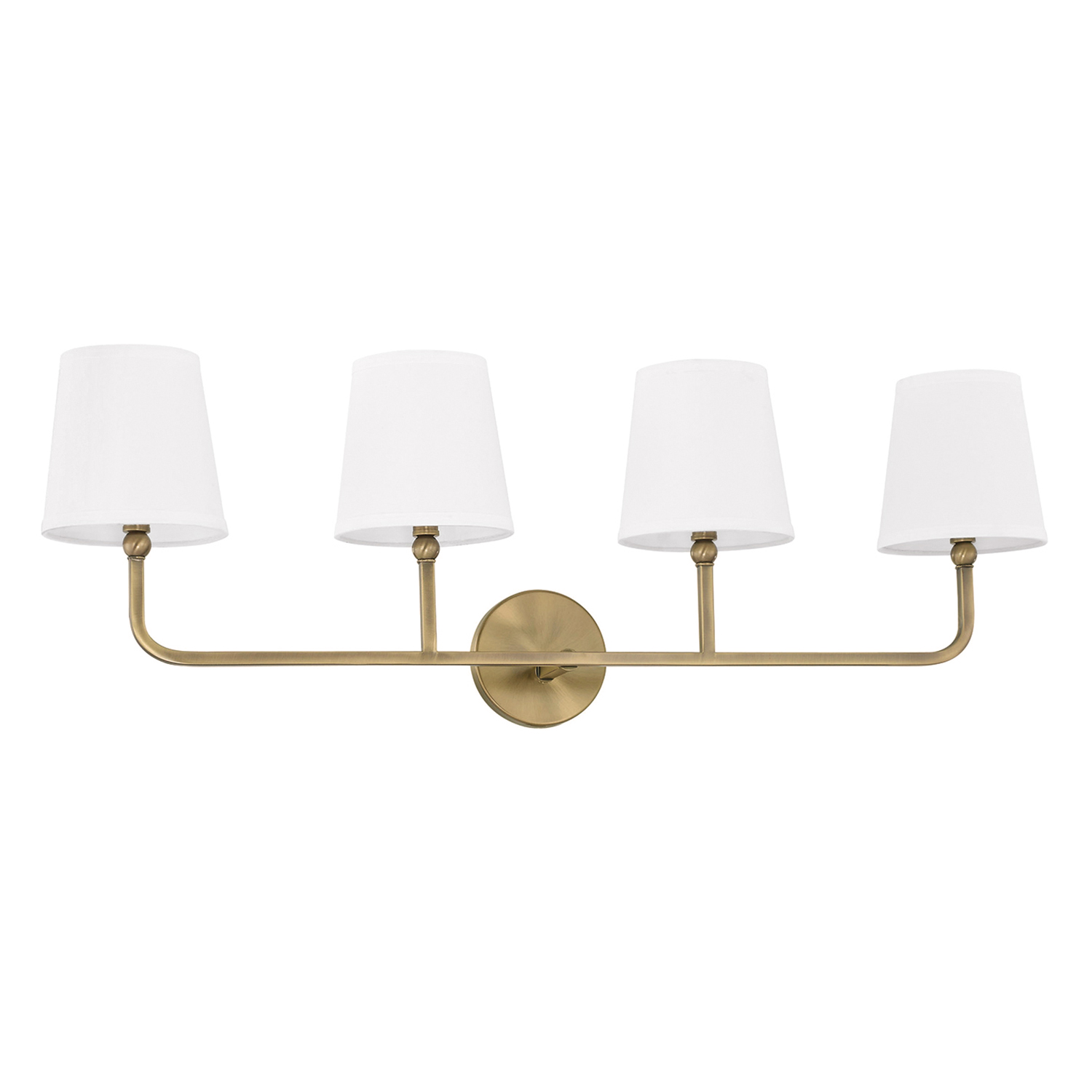 35" W x 12" H x 7" E 4-Light Vanity in Aged Brass with White Fabric Shades