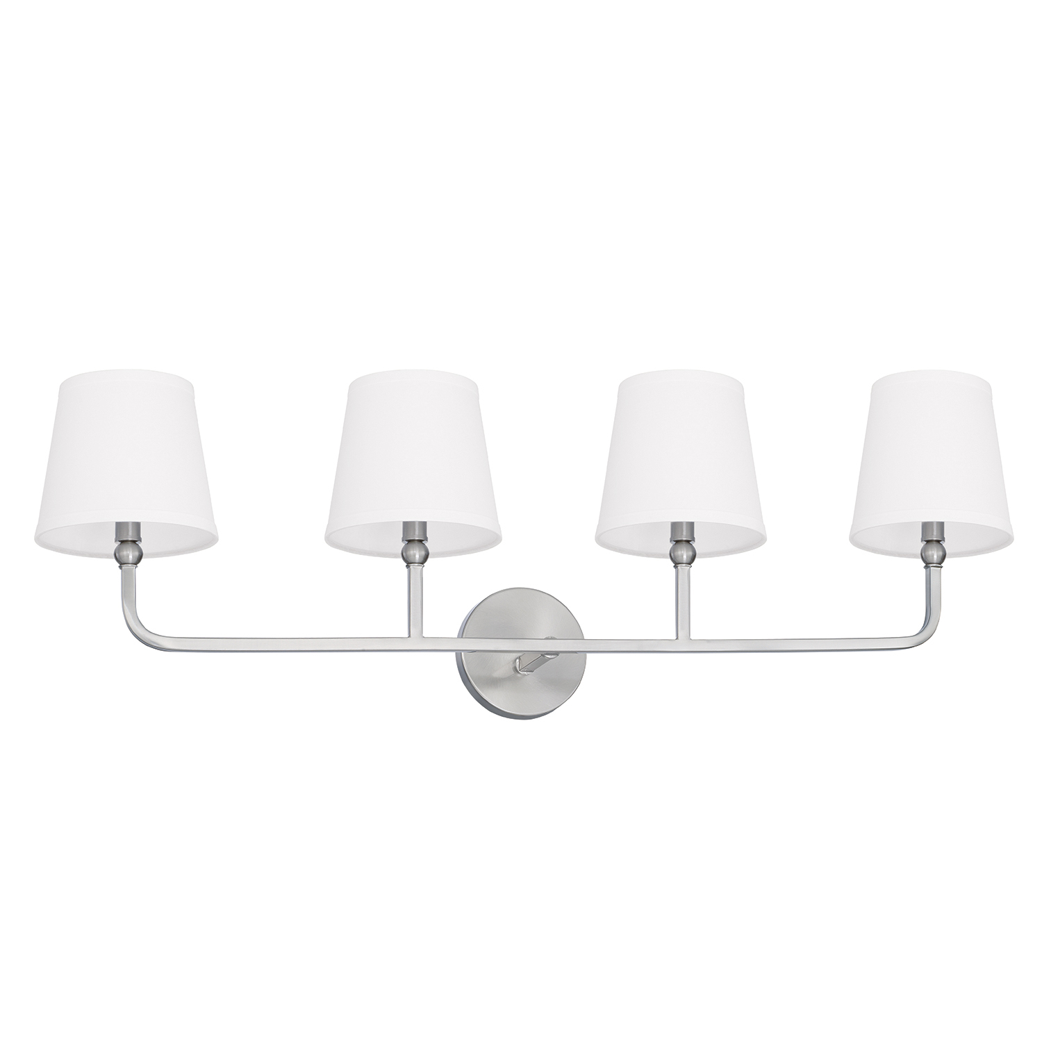 35" W x 12" H x 7" E 4-Light Vanity in Brushed Nickel with White Fabric Shades