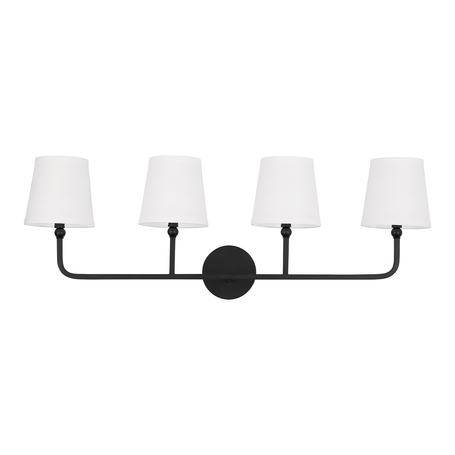 35" W x 12" H x 7" E 4-Light Vanity in Matte Black with White Fabric Shades
