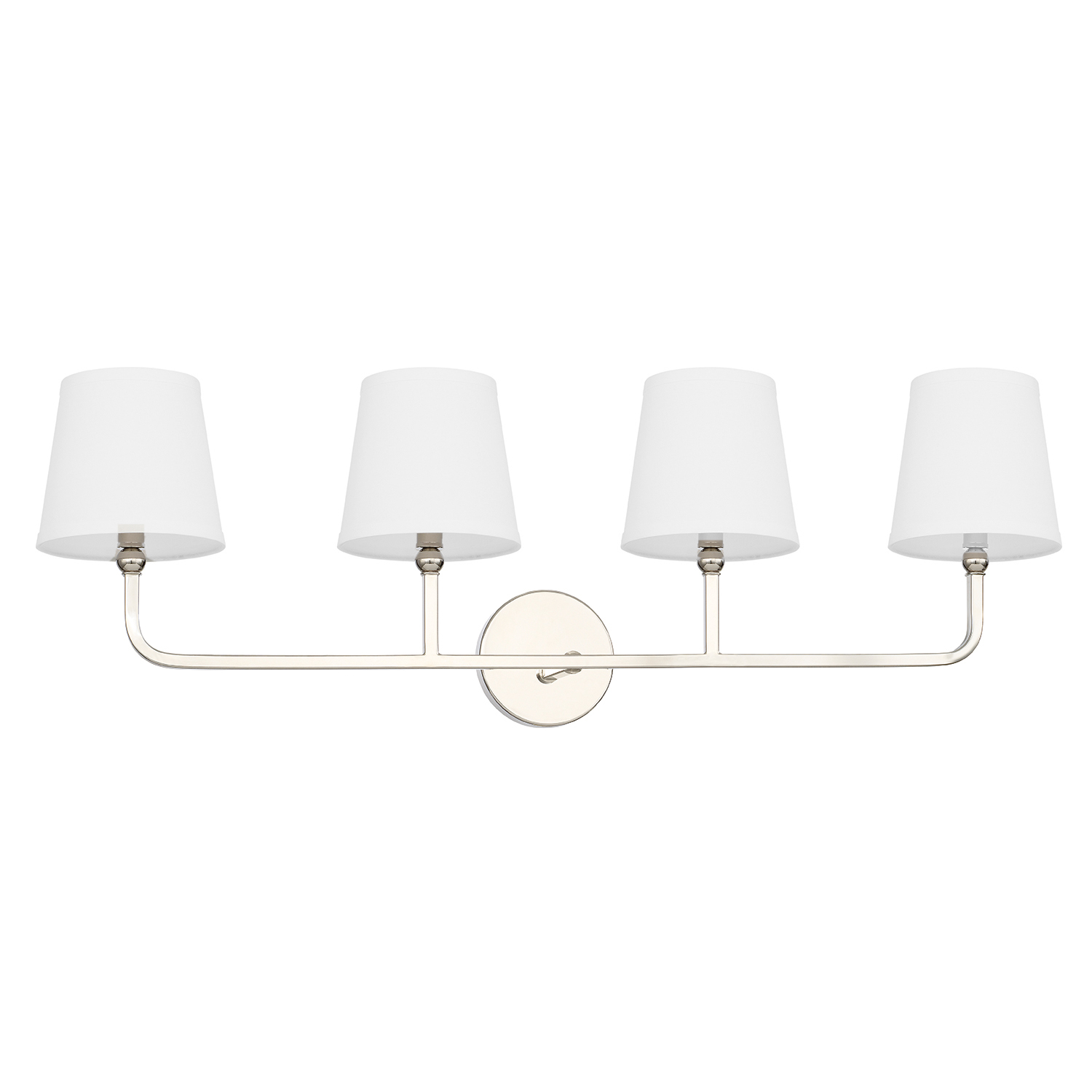 35" W x 12" H x 7" E 4-Light Vanity in Polished Nickel with White Fabric Shades