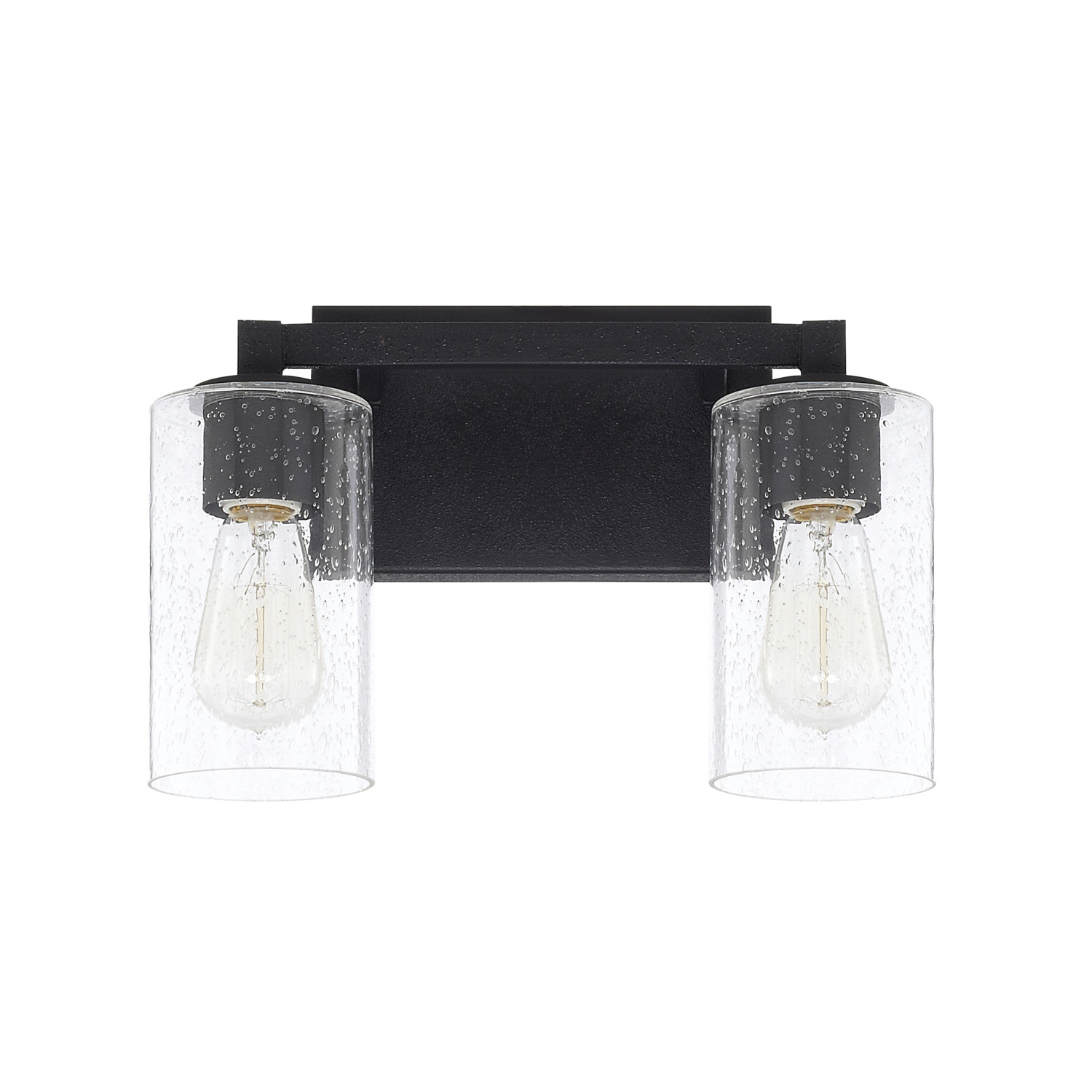 13" W x 9.5" H x 5.5" E 2-Light Clear Seeded Glass Vanity in Black Iron