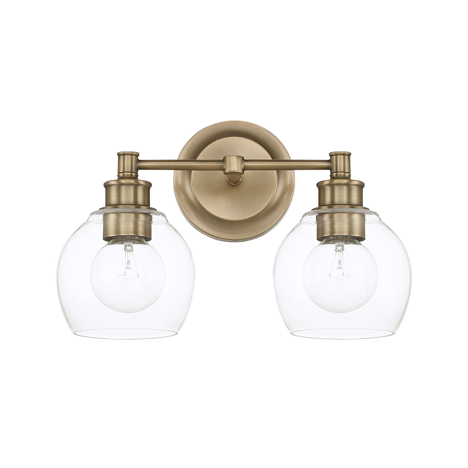14.5" W x 10" H x 7" E 2-Light Clear Glass Vanity in Aged Brass