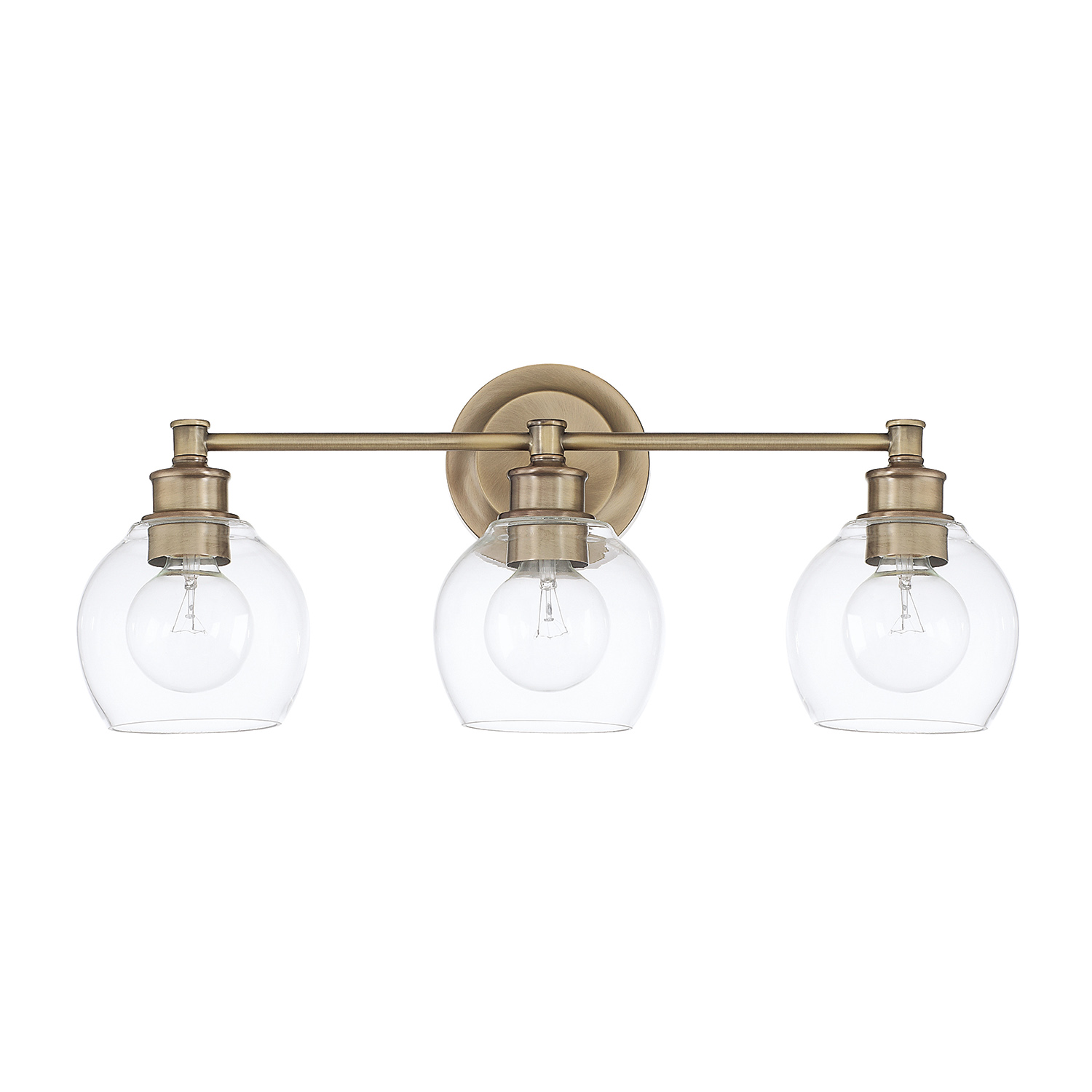 23.5" W x 10" H x 7" E 3-Light Clear Glass Vanity in Aged Brass