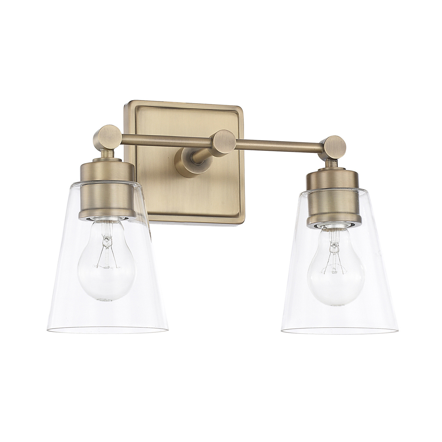 14" W x 10" H x 7" E 2-Light Vanity in Aged Brass with Clear Cone Glass Shades