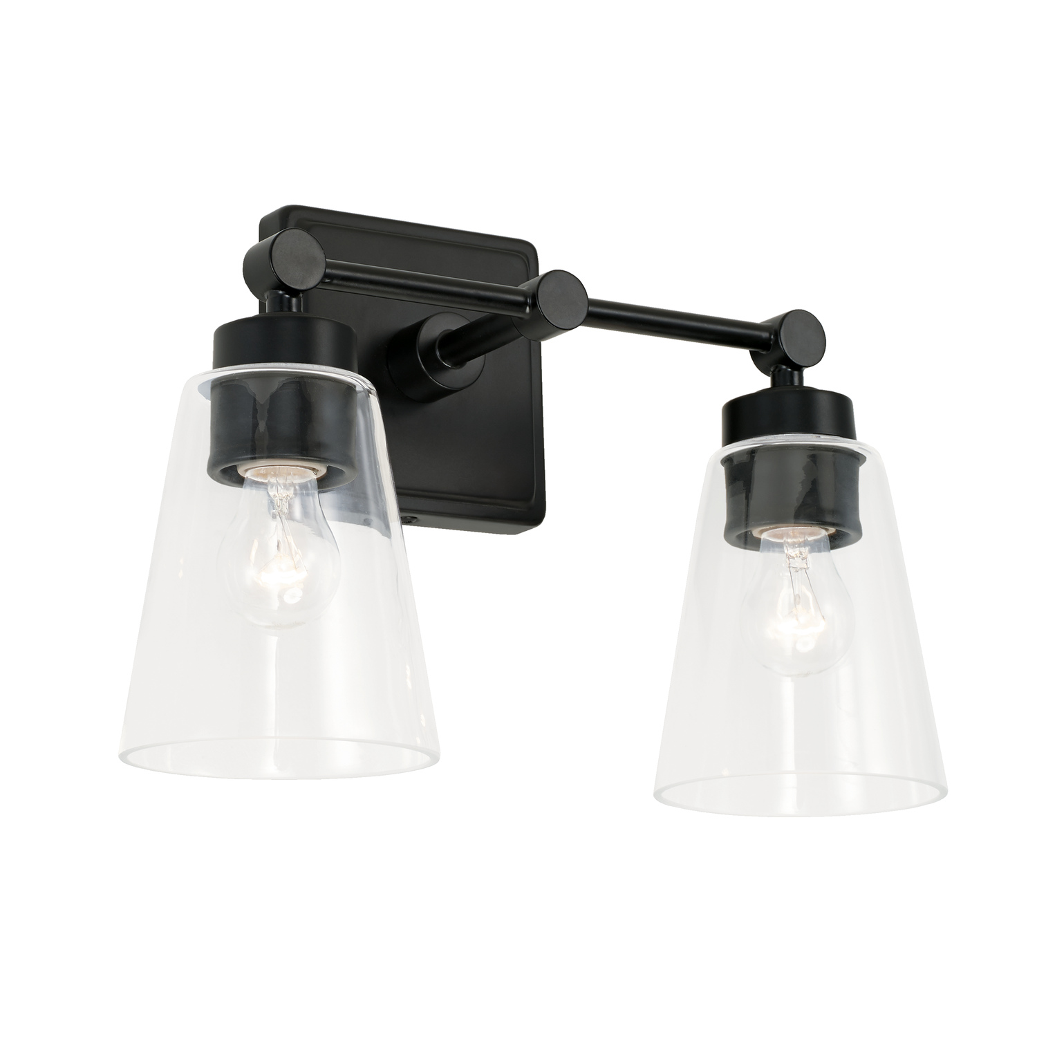 14" W x 10" H x 7" E 2-Light Vanity in Matte Black with Clear Cone Glass Shades