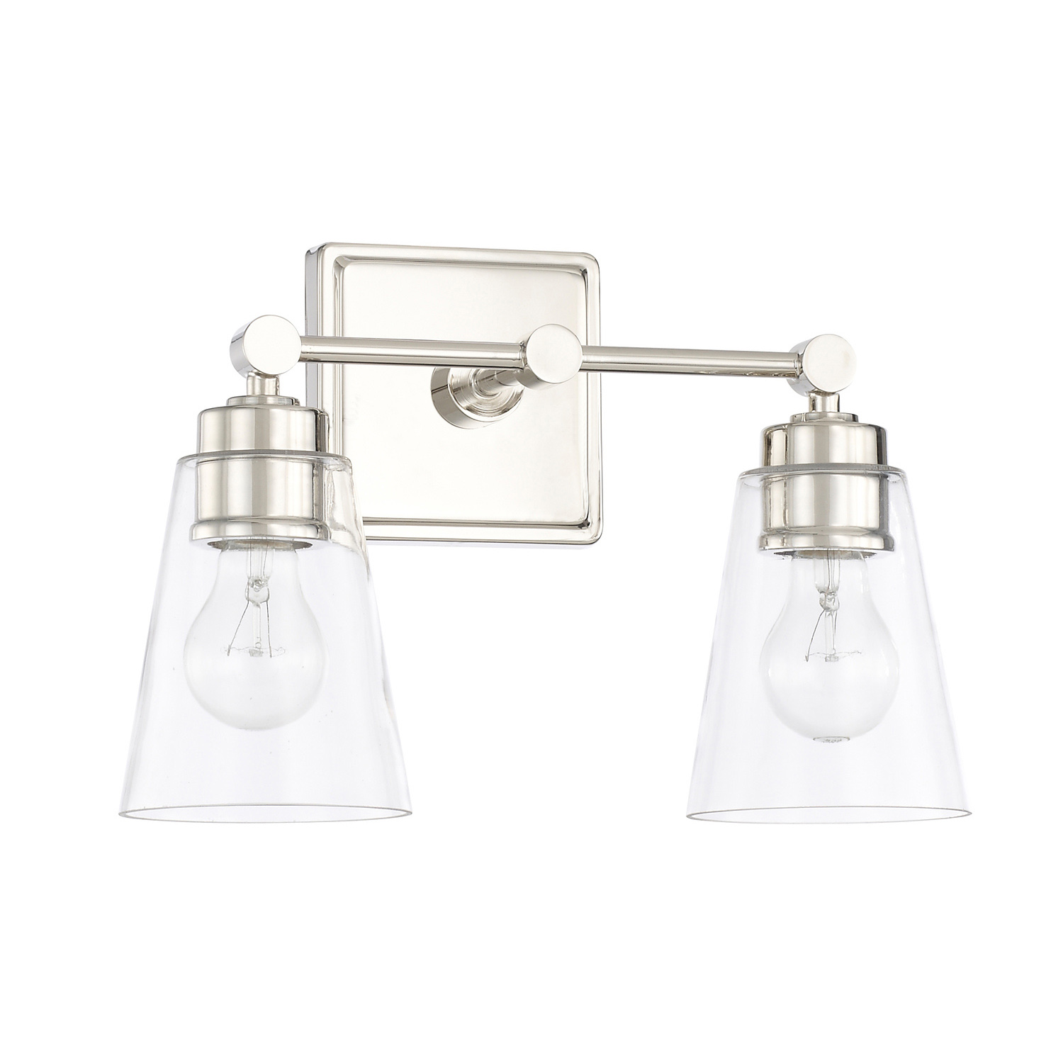 14" W x 10" H x 7" E 2-Light Vanity in Polished Nickel with Clear Cone Glass Shades