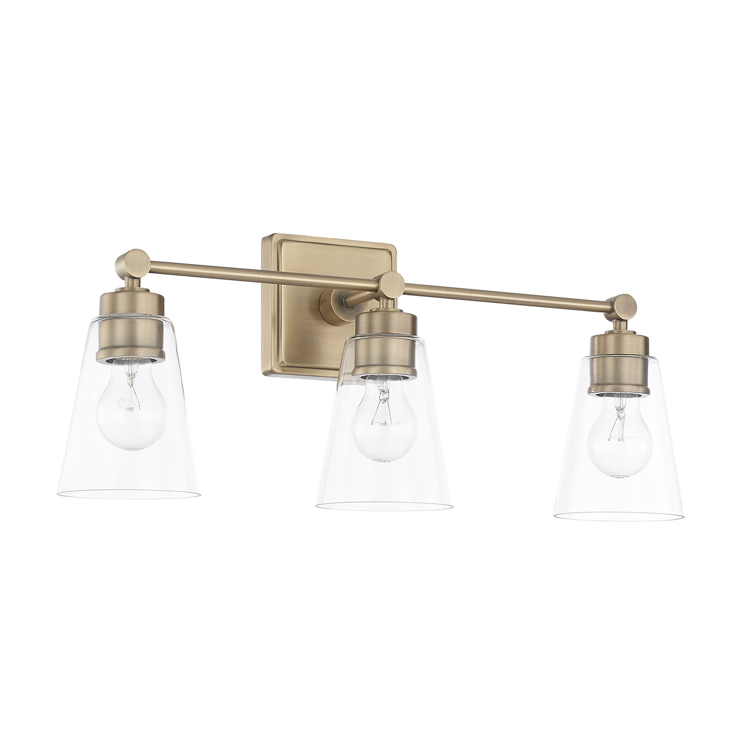 23" W x 10" H x 7" E 3-Light Vanity in Aged Brass with Clear Cone Glass Shades