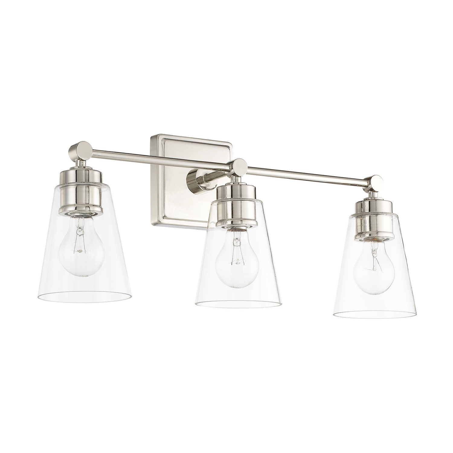 23" W x 10" H x 7" E 3-Light Vanity in Polished Nickel with Clear Cone Glass Shades