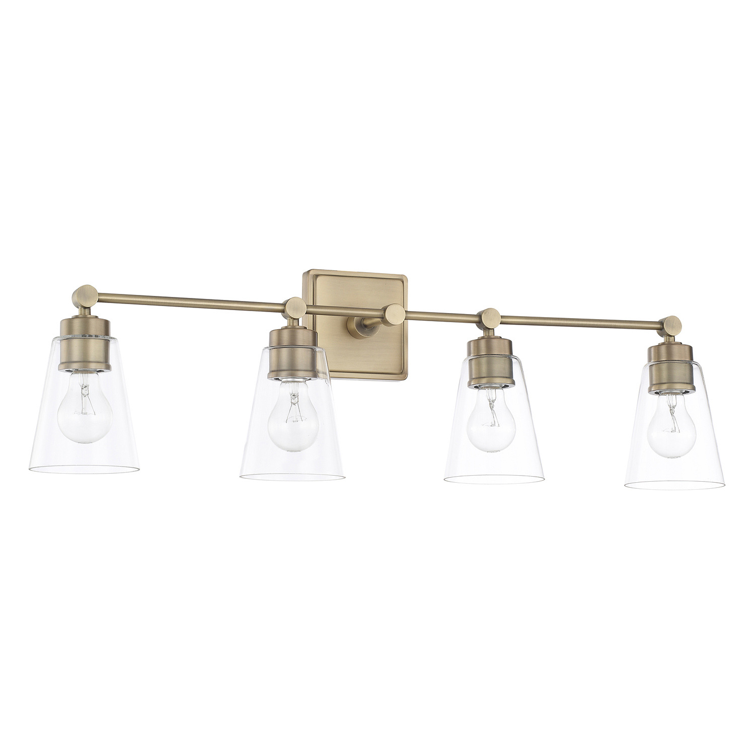 33" W x 10" H x 7" E 4-Light Vanity in Aged Brass with Clear Cone Glass Shades