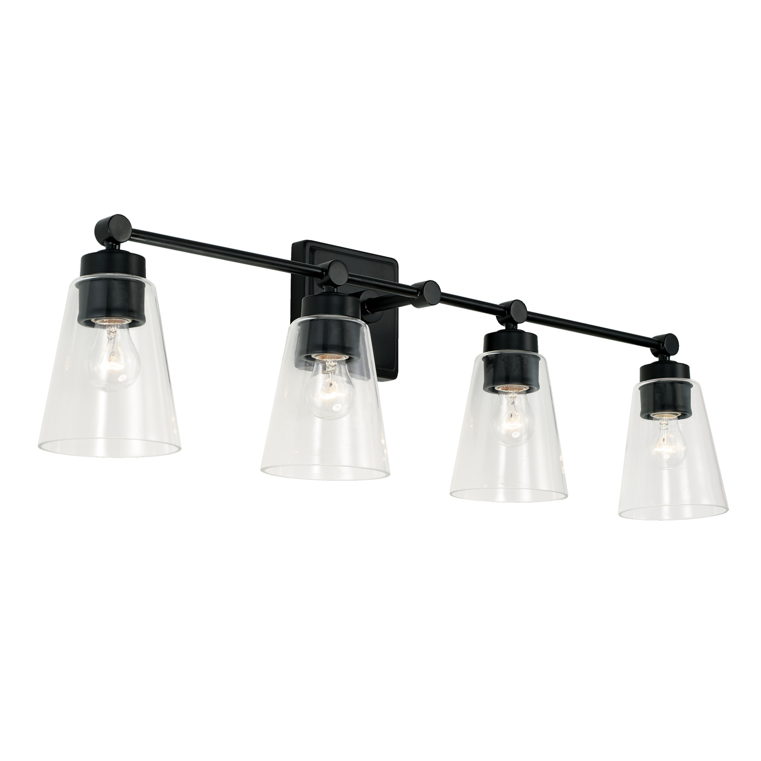 33" W x 10" H x 7" E 4-Light Vanity in Matte Black with Clear Cone Glass Shades