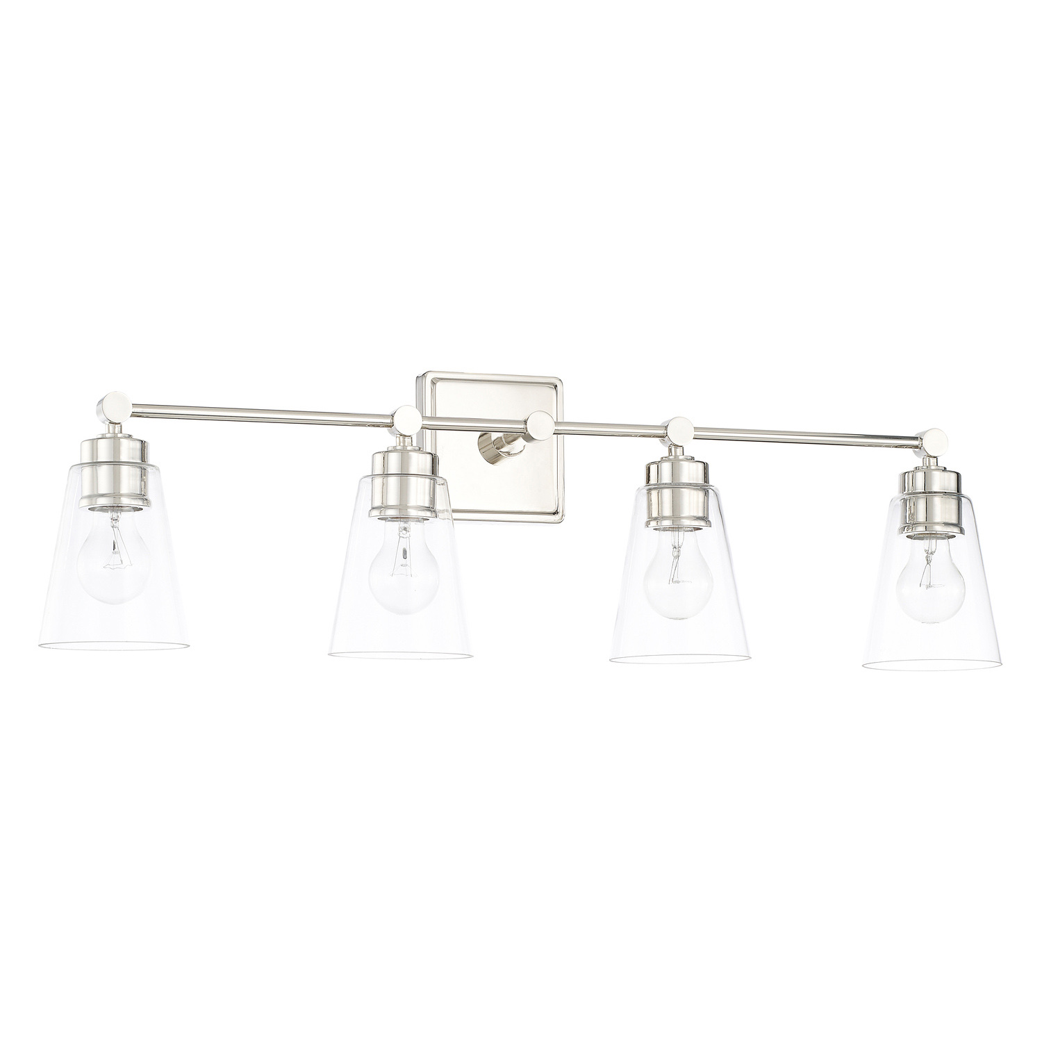 33" W x 10" H x 7" E 4-Light Vanity in Polished Nickel with Clear Cone Glass Shades