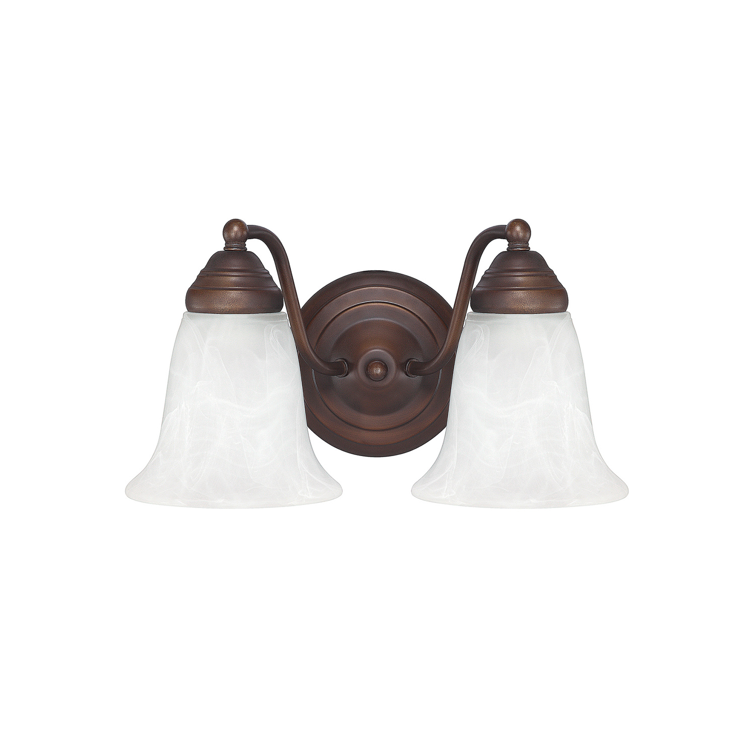 12" W x 7" H x 7.5" E 2-Light Vanity in Burnished Bronze with White Faux Alabaster Glass Shades