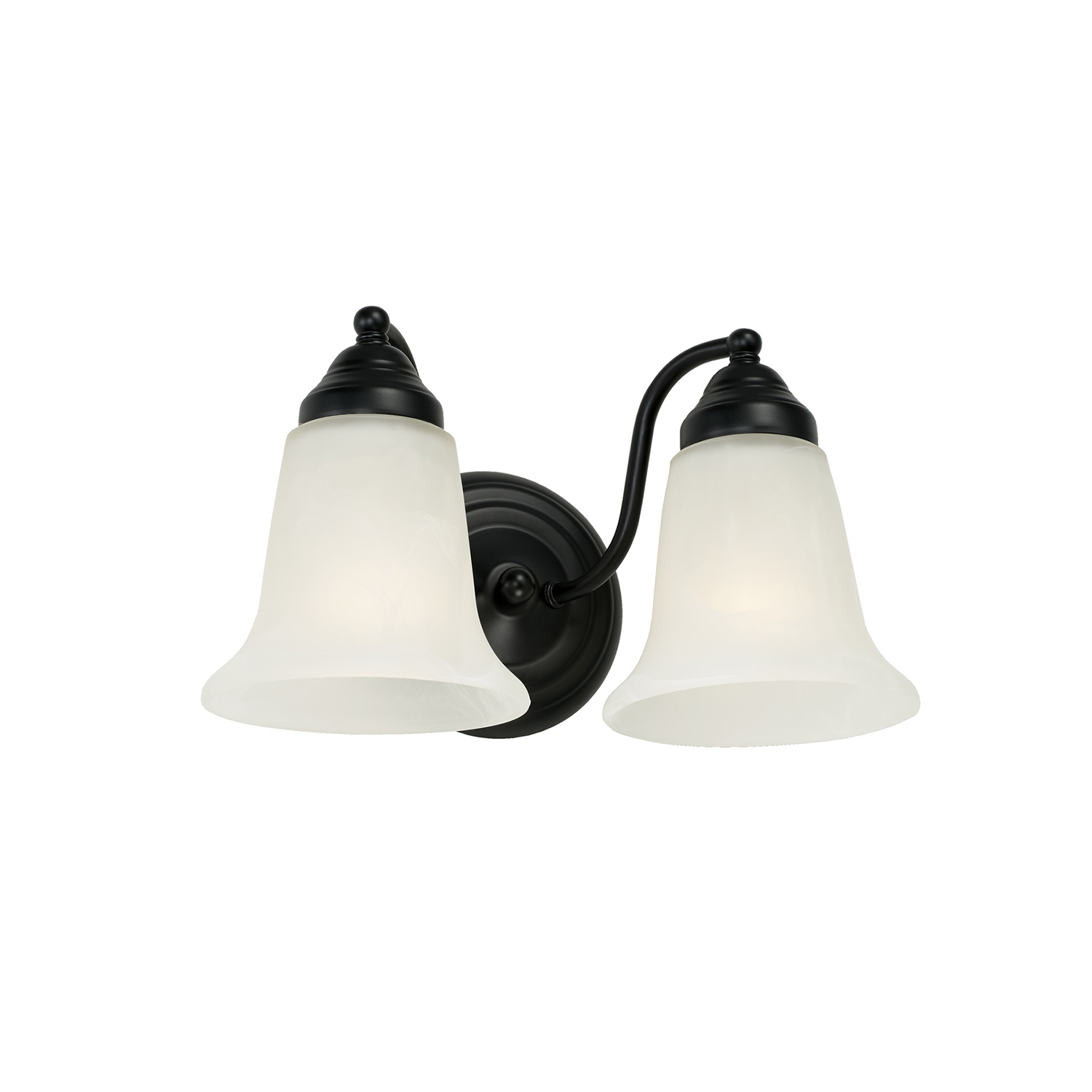 12" W x 7" H x 7.5" E 2-Light Vanity in Matte Black with White Faux Alabaster Glass Shades