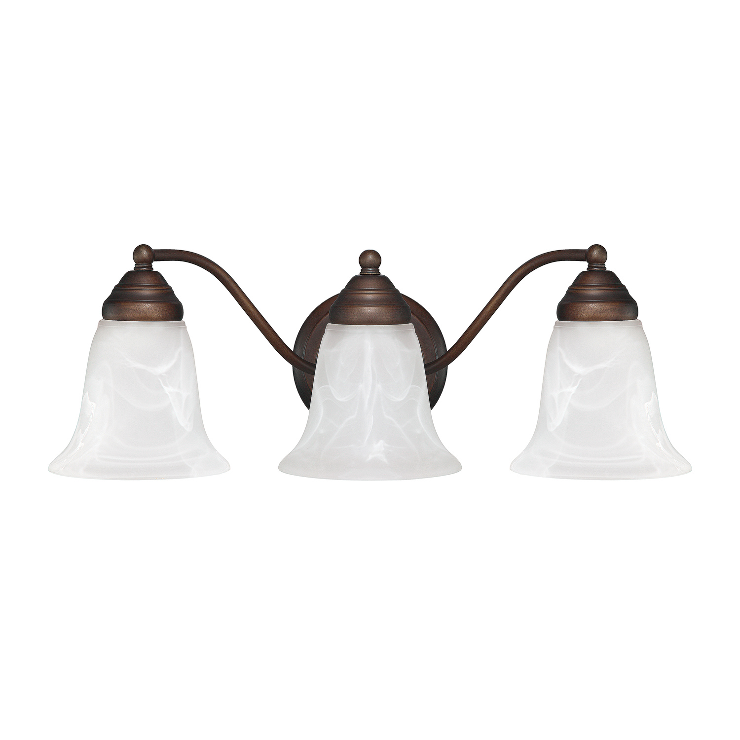 19" W x 7" H x 8.5" E 3-Light Vanity in Burnished Bronze with White Faux Alabaster Glass Shades