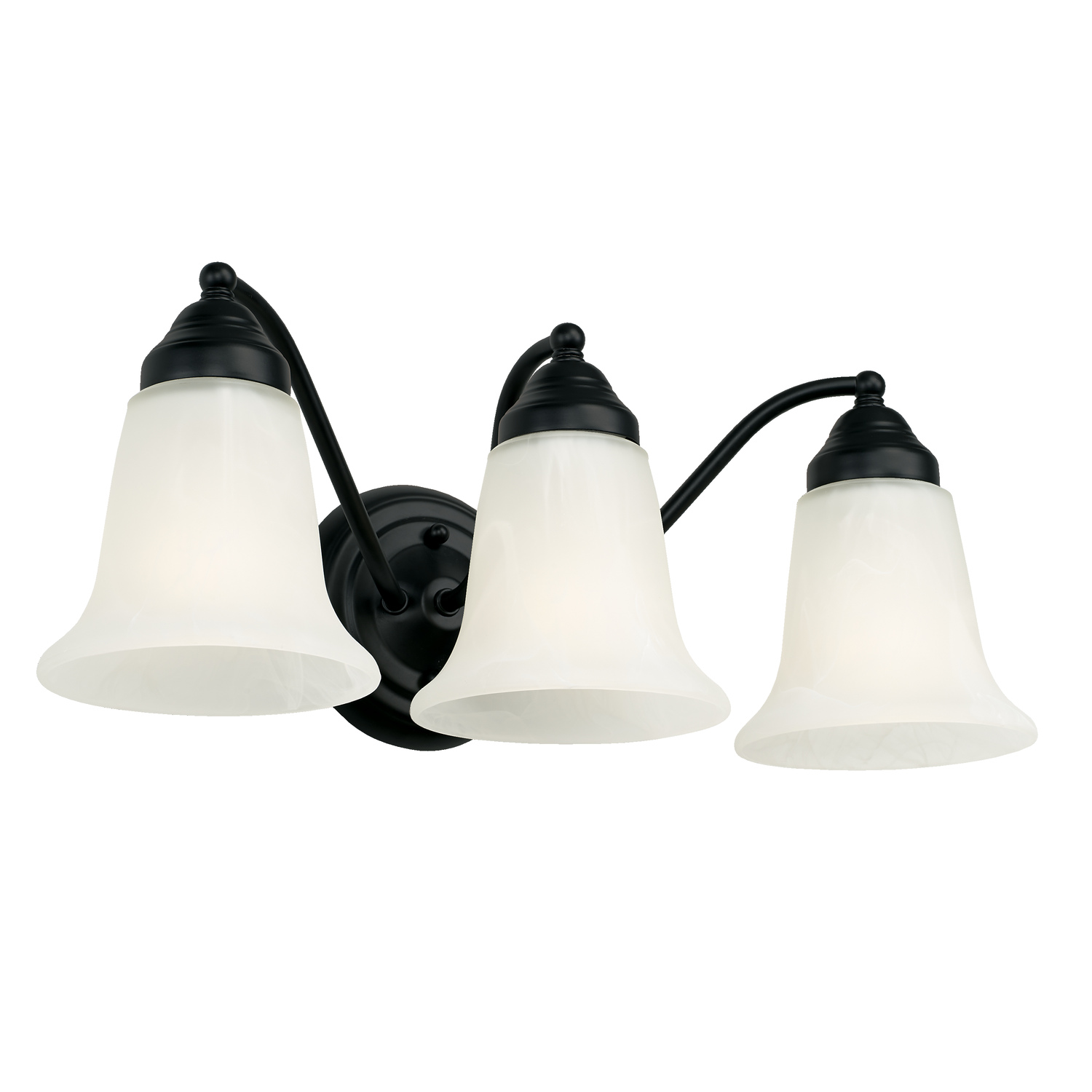 19" W x 7" H x 8.5" E 3-Light Vanity in Matte Black with White Faux Alabaster Glass Shades
