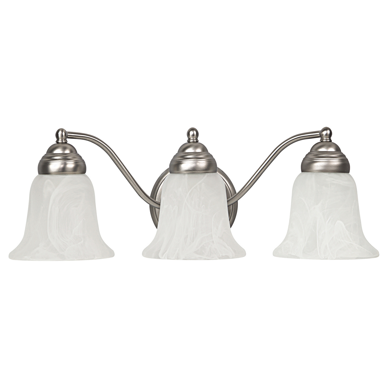 19" W x 7" H x 8.5" E 3-Light Vanity in Matte Nickel with White Faux Alabaster Glass Shades