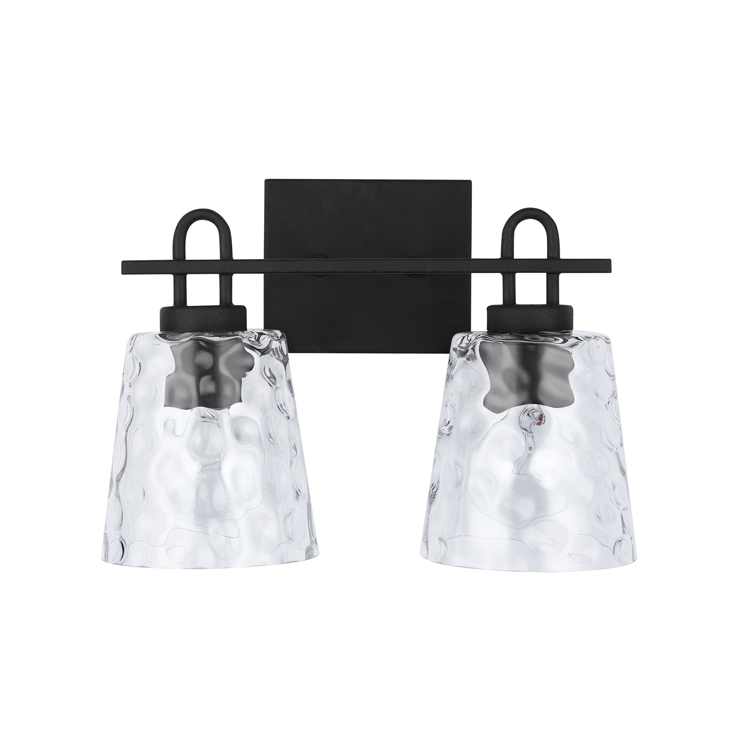 15" W x 10.5" H x 8" E 2-Light Vanity in Black Iron with Clear Water Glass