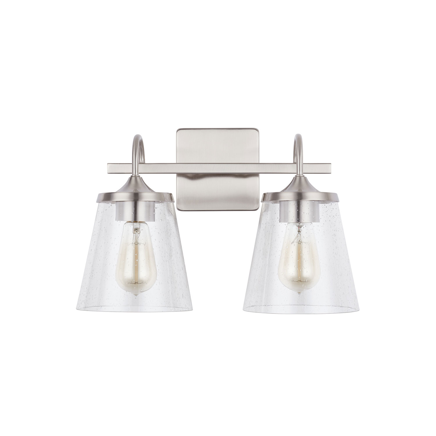 15" W x 10.5" H x 9" E 2-Light Vanity in Brushed Nickel with Clear Seeded Cone Glass Shades