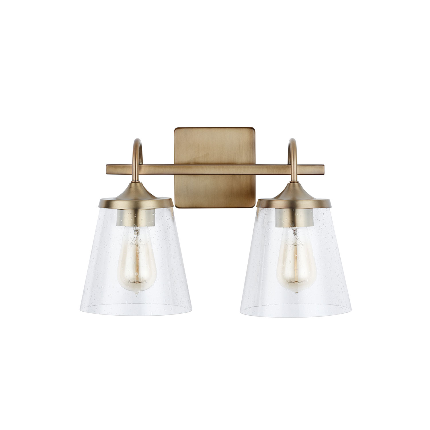 15" W x 10.5" H x 9" E 2-Light Vanity in Aged Brass with Clear Seeded Cone Glass Shades