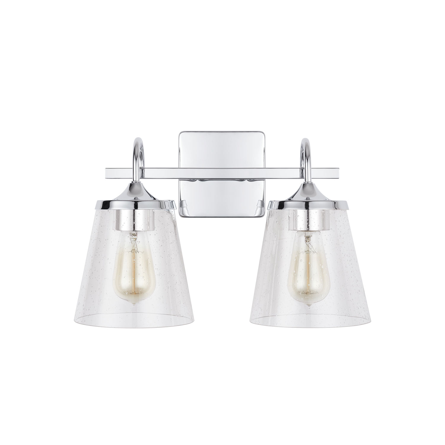 15" W x 10.5" H x 9" E 2-Light Vanity in Chrome with Clear Seeded Cone Glass Shades