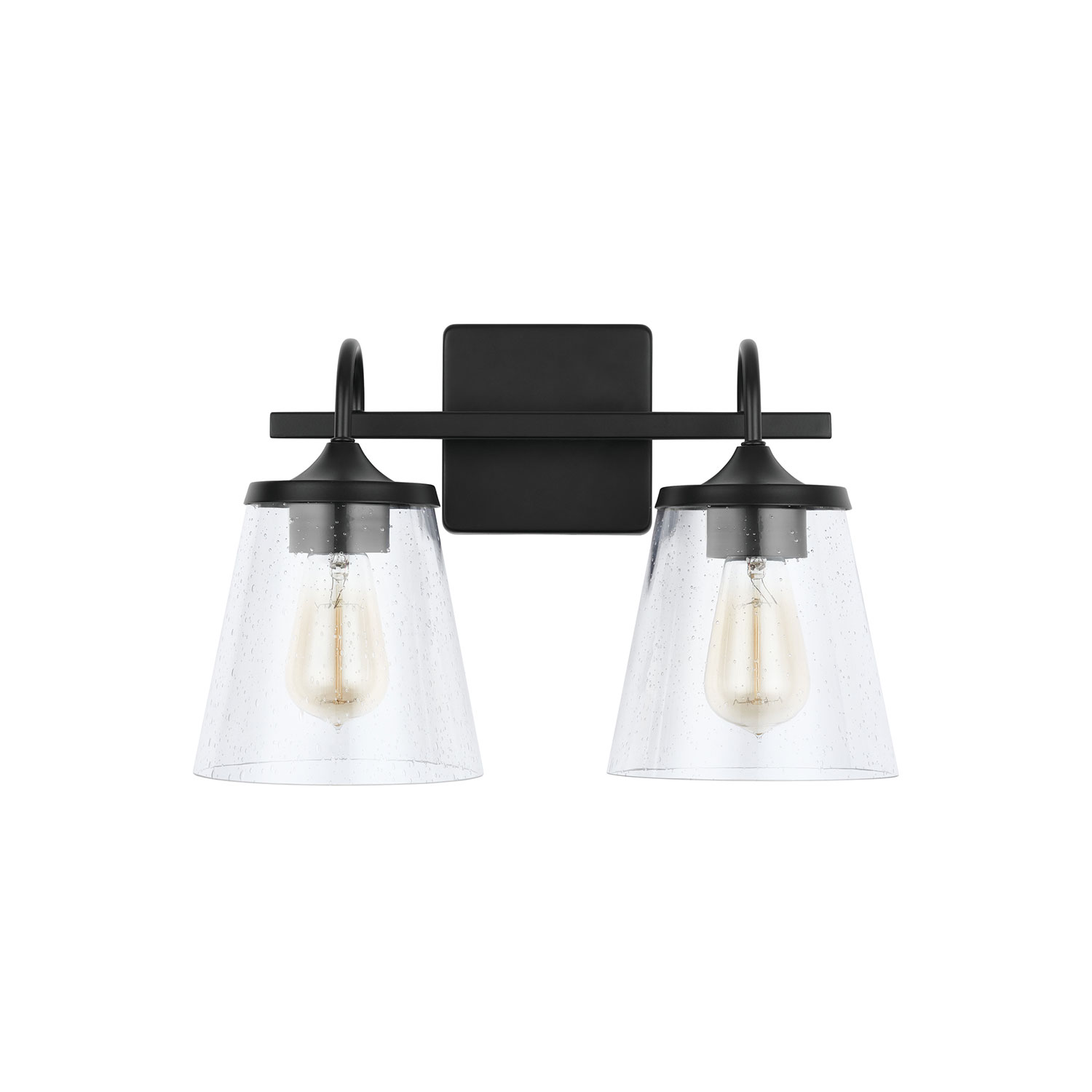 15" W x 10.5" H x 9" E 2-Light Vanity in Matte Black with Clear Seeded Cone Glass Shades