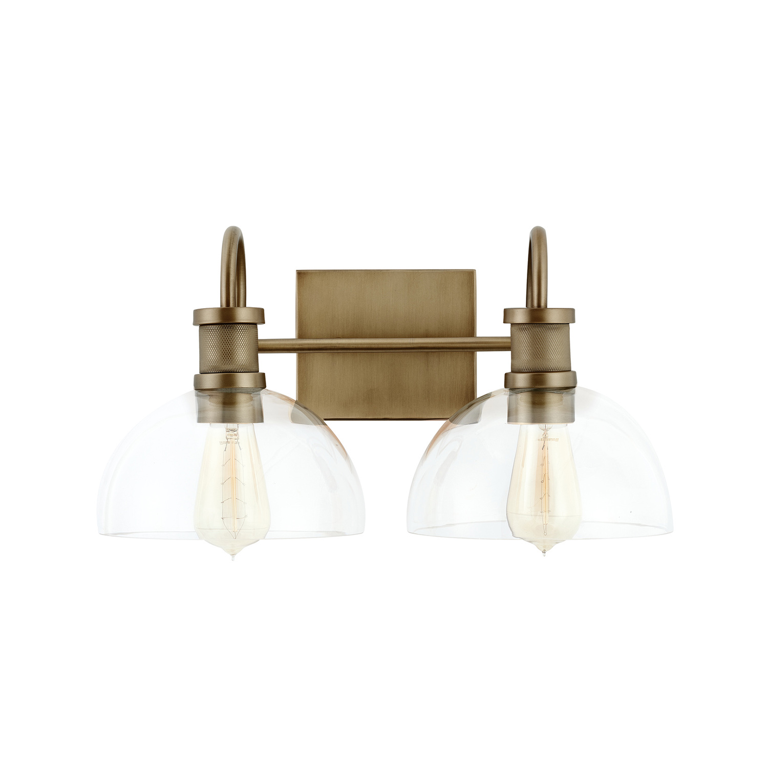 17.5" W x 9" H x 10.5" E 2-Light Vanity in Aged Brass with Clear Glass Dome Shades