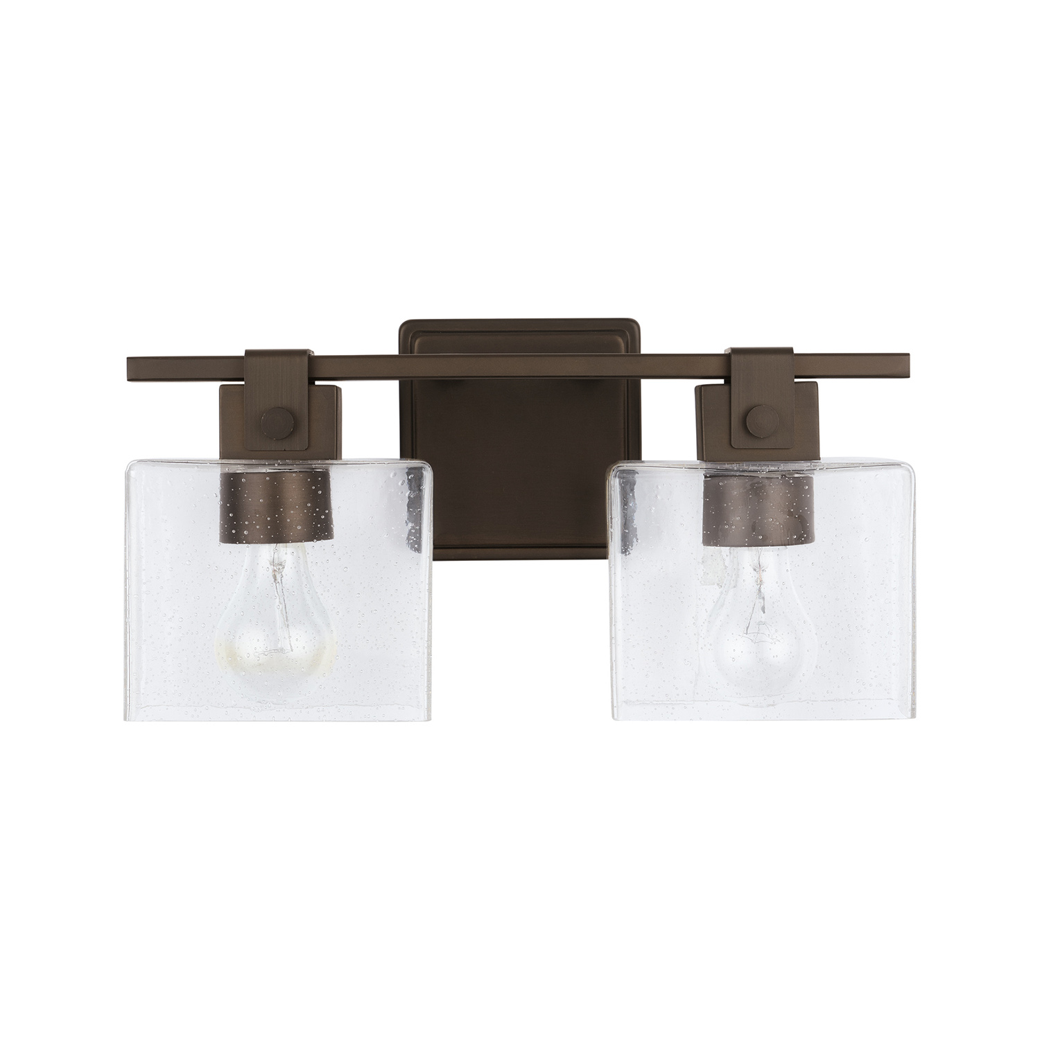 15.5" W x 8" H x 6" E 2-Light Vanity in Oil Rubbed Bronze with Clear Seeded Glass Rectangular Shades - Barn Door Farmhouse Style