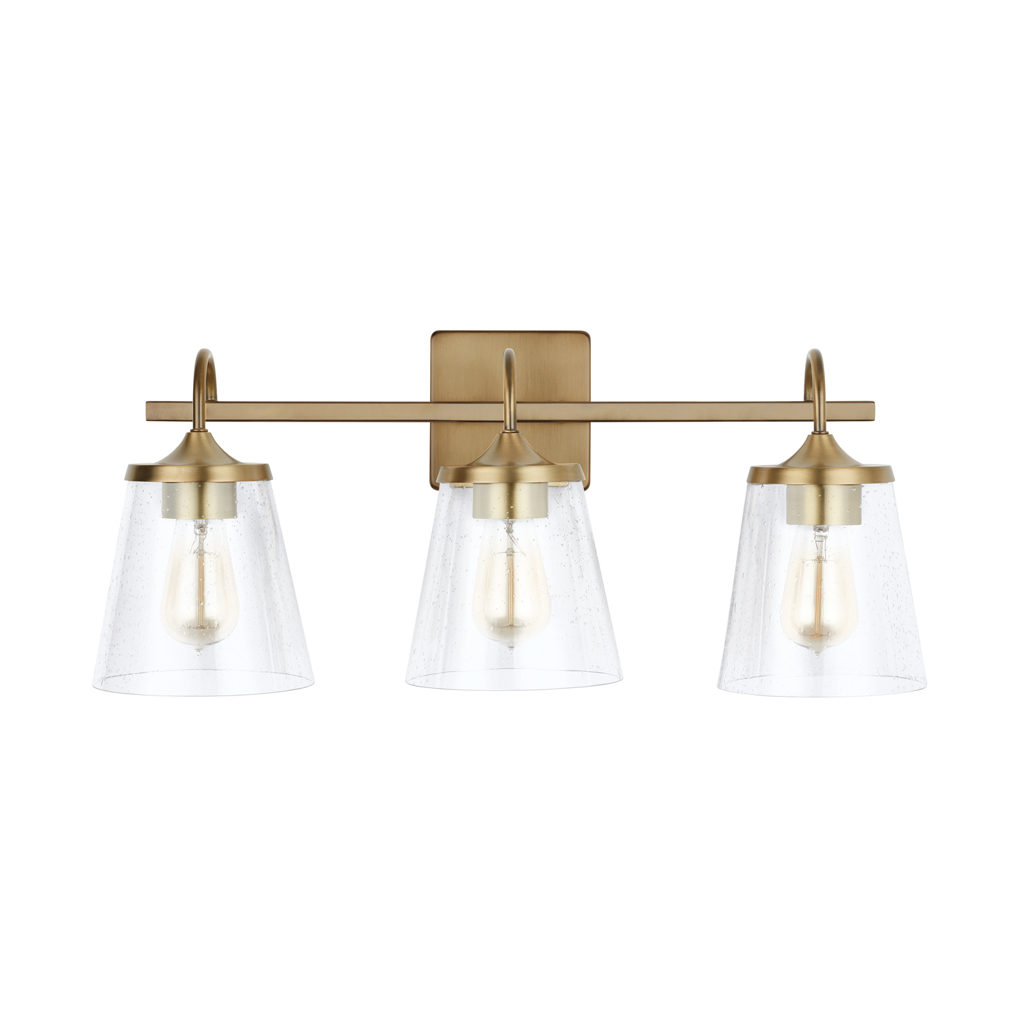 24" W x 10.5" H x 9" E 3-Light Vanity in Aged Brass with Clear Seeded Cone Glass Shades
