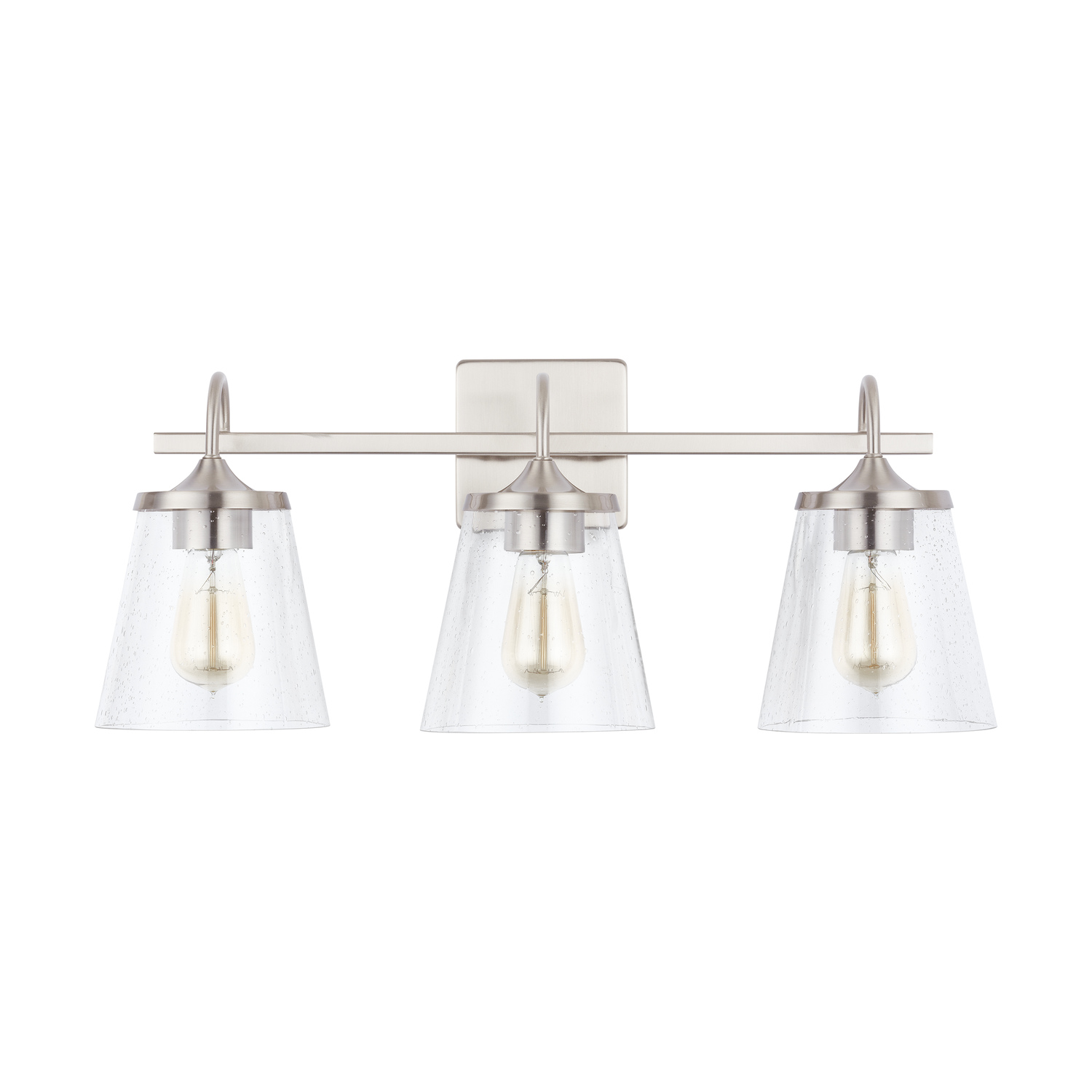 24" W x 10.5" H x 9" E 3-Light Vanity in Brushed Nickel with Clear Seeded Cone Glass Shades