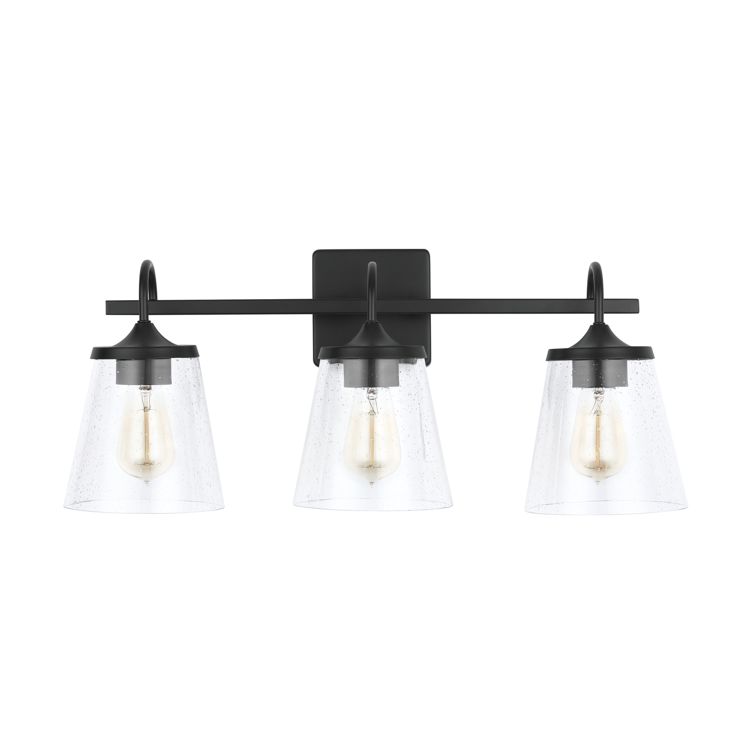 24" W x 10.5" H x 9" E 3-Light Vanity in Matte Black with Clear Seeded Cone Glass Shades