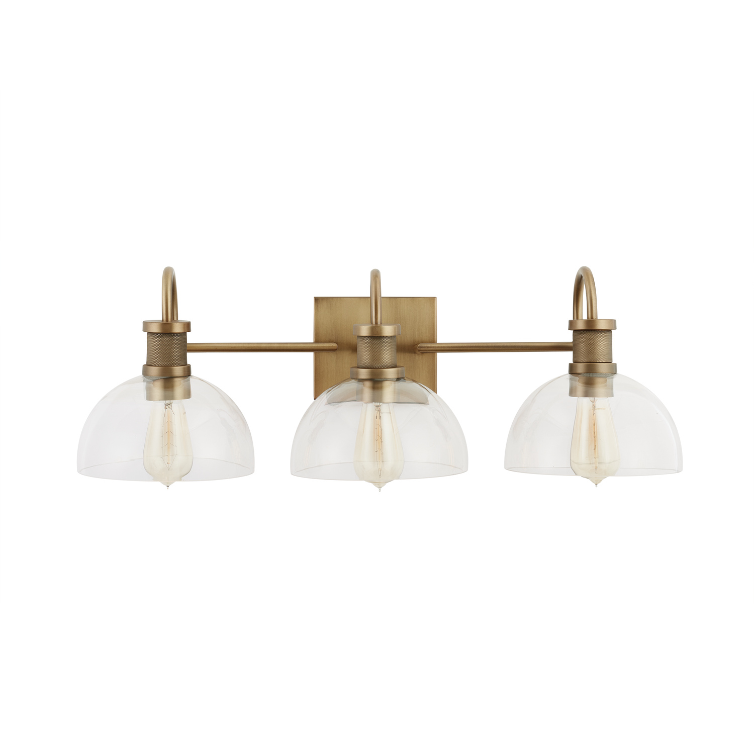 27" W x 9" H x 10.5" E 3-Light Vanity in Aged Brass with Clear Glass Dome Shades
