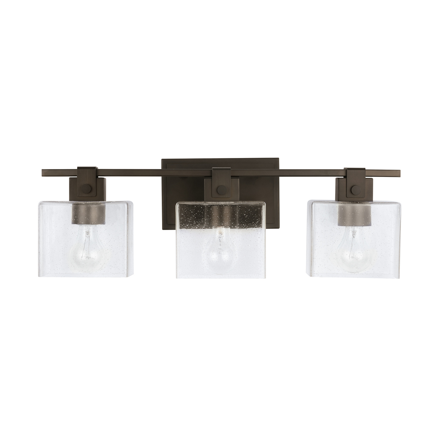 24" W x 8" H x 6" E 3-Light Vanity in Oil Rubbed Bronze with Clear Seeded Glass Shades - Barn Door Farmhouse Style