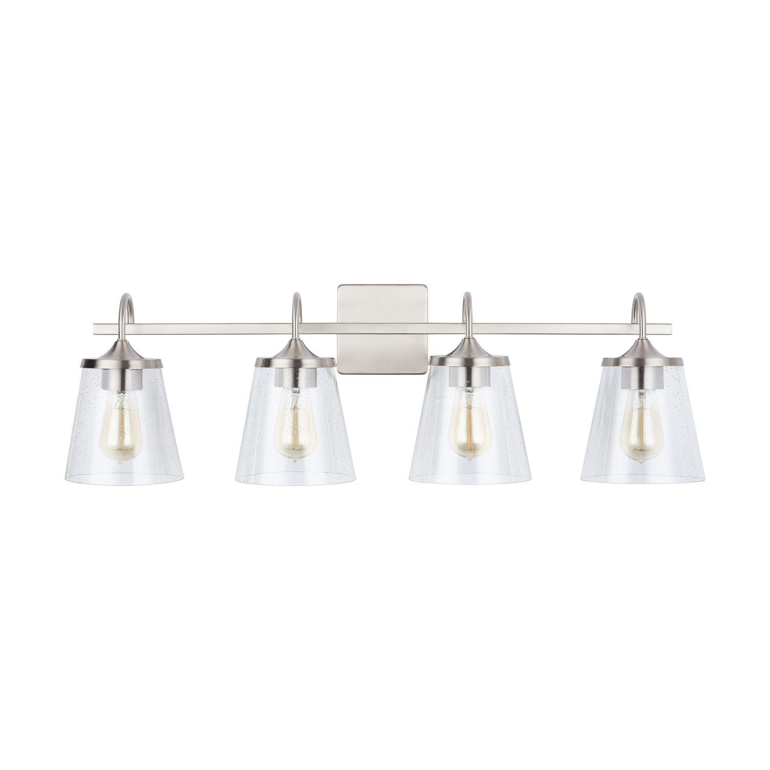 33" W x 10.5" H x 9" E 4-Light Vanity in Brushed Nickel with Clear Seeded Cone Glass Shades
