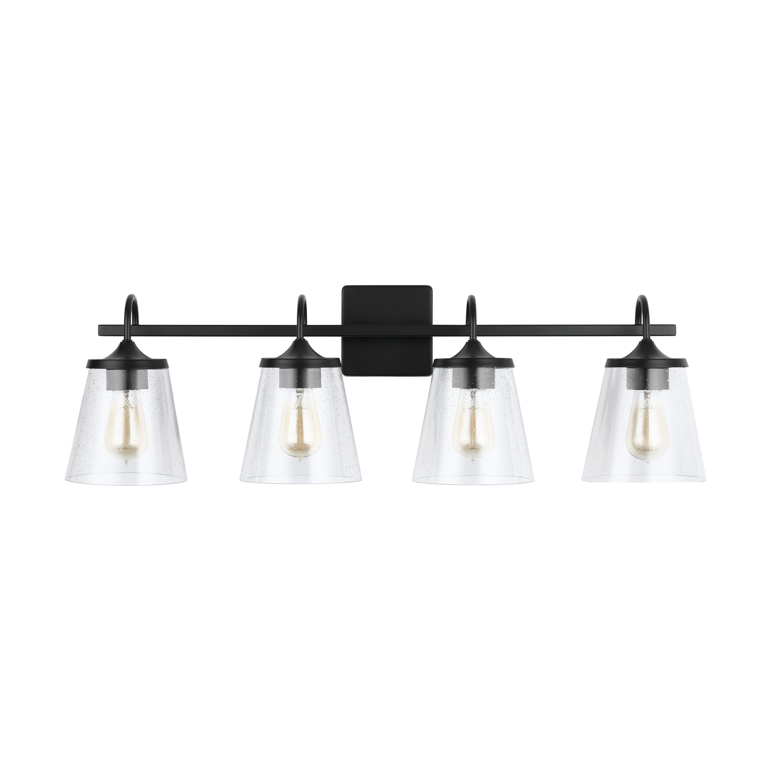 33" W x 10.5" H x 9" E 4-Light Vanity in Matte Black with Clear Seeded Cone Glass Shades