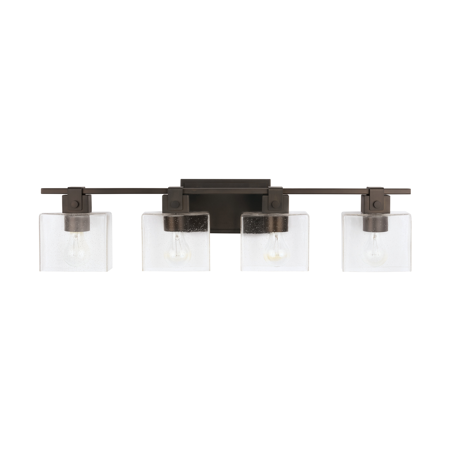 32.5" W x 8" H x 6" E 4-Light Vanity in Oil Rubbed Bronze with Clear Seeded Glass Shades - Barn Door Farmhouse Style