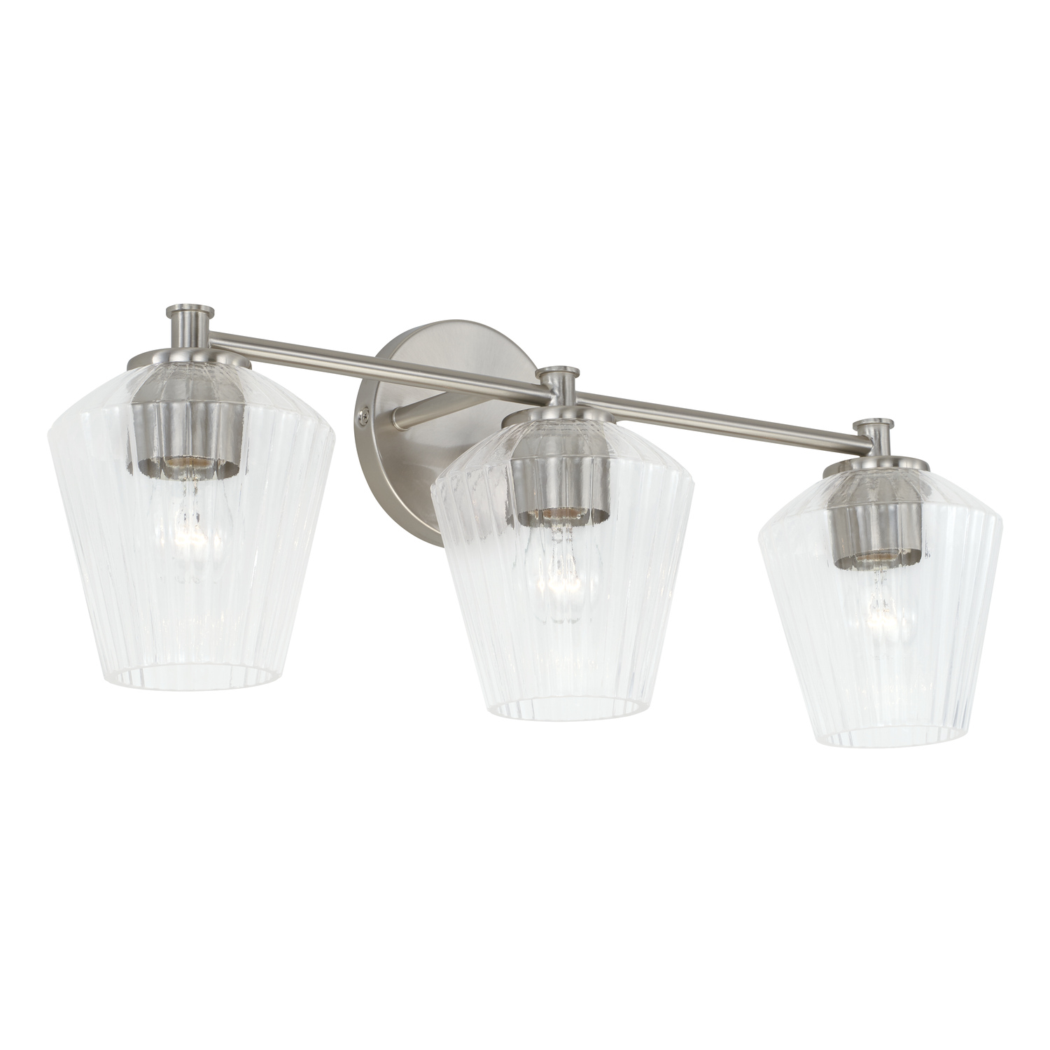 24" W x 9.5" H x 7" E 3-Light Vanity in Brushed Nickel with Clear Fluted Glass