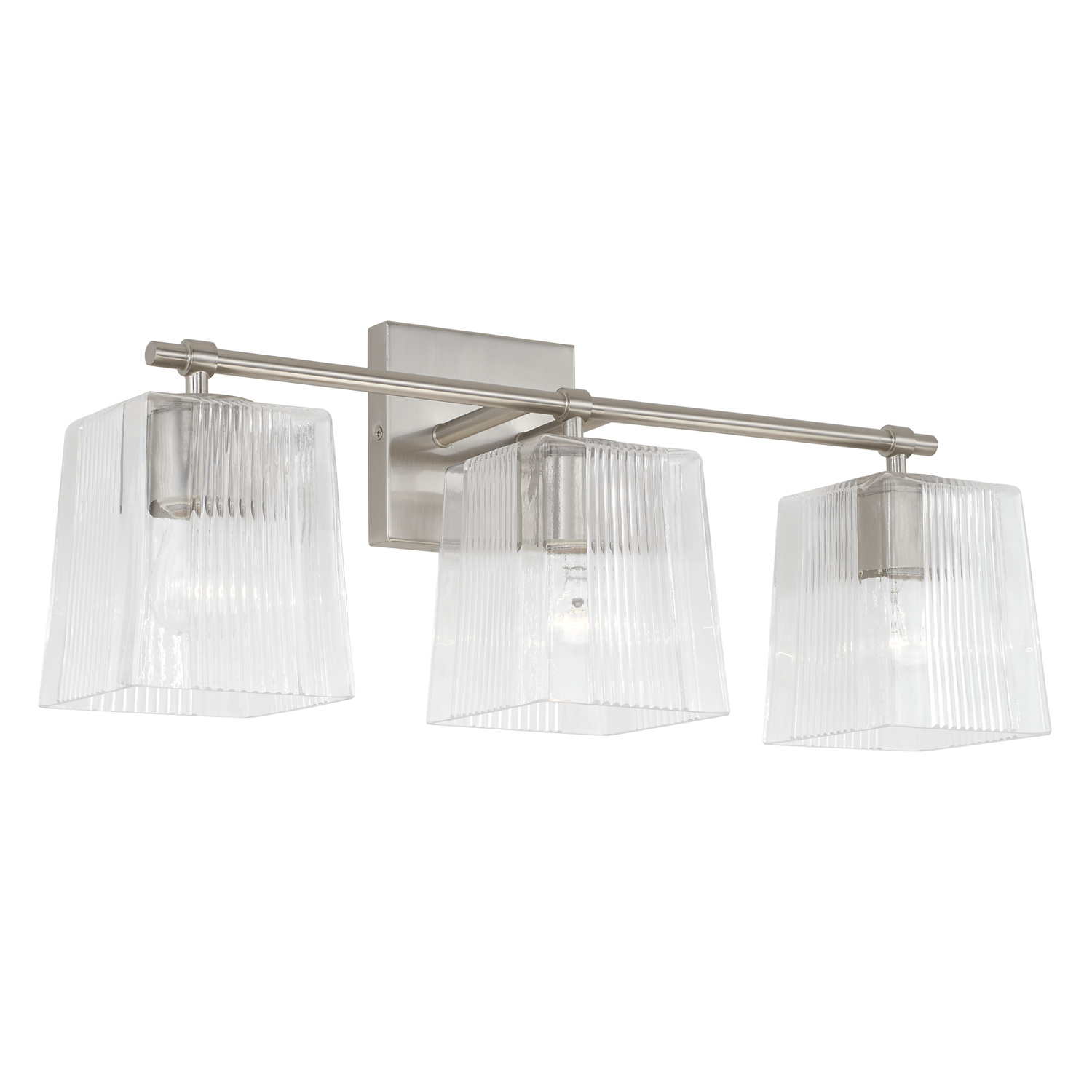 23" W x 9" H x 7" E 3-Light Vanity in Brushed Nickel with Clear Fluted Square Glass