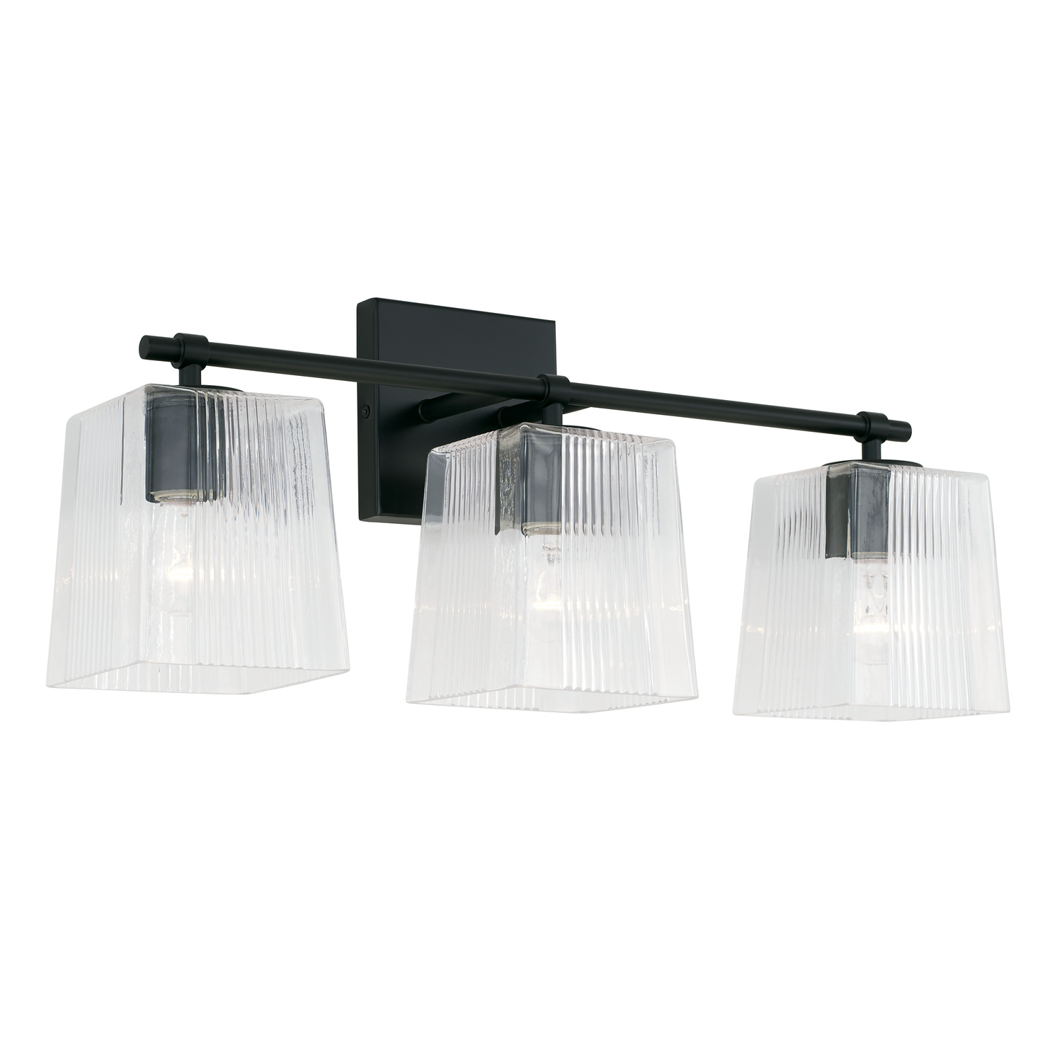 23" W x 9" H x 7" E 3-Light Vanity in Matte Black with Clear Fluted Square Glass