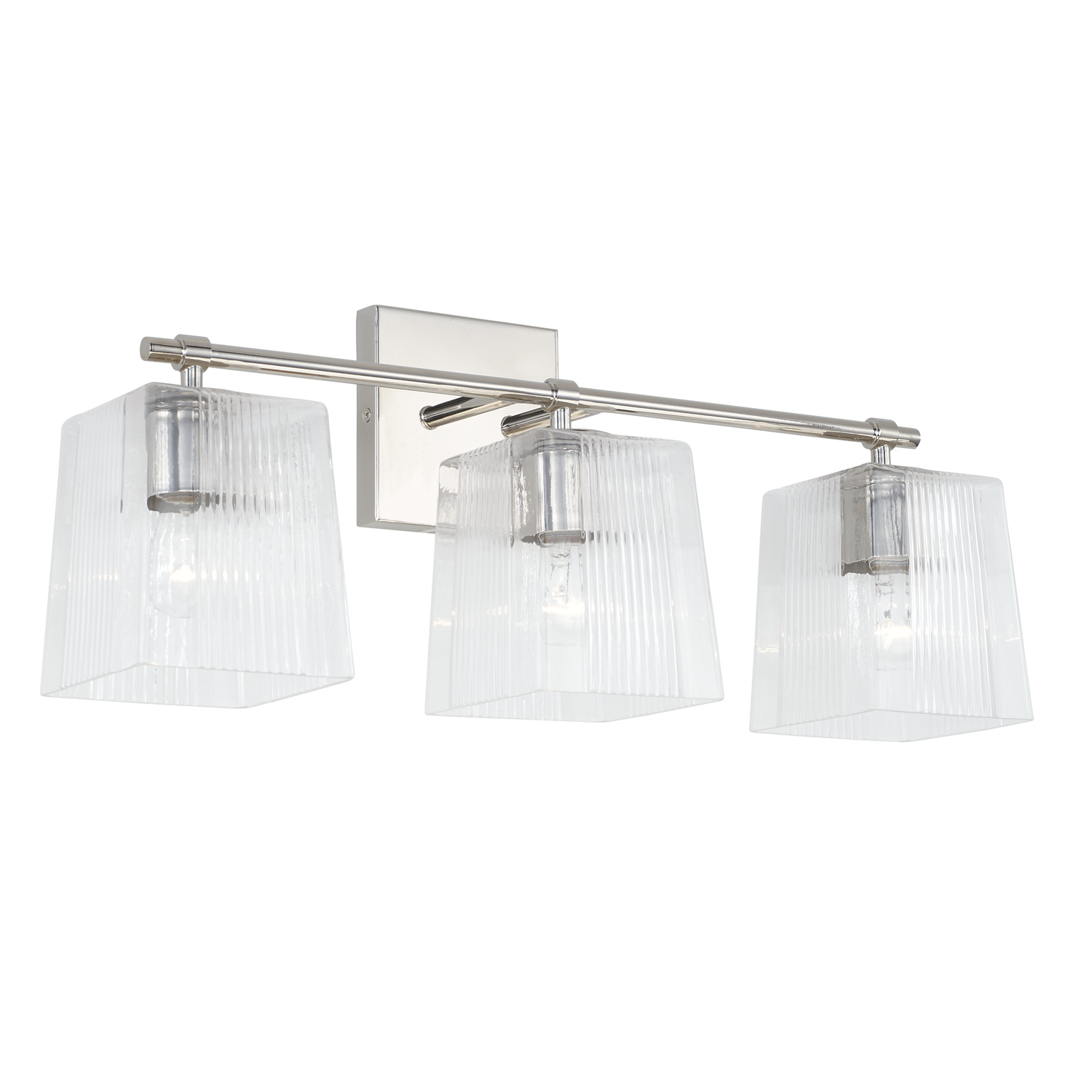 23" W x 9" H x 7" E 3-Light Vanity in Polished Nickel with Clear Fluted Square Glass
