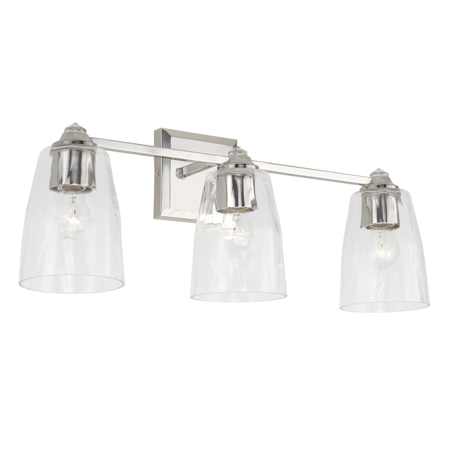 24" W x 9.5" H x 7" E 3-Light Vanity in Polished Nickel with Clear Glass and Crystal Finials
