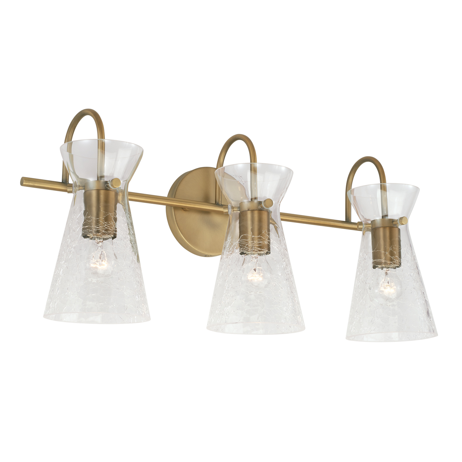 24" W x 11" H x 7.5" E 3-Light Vanity in Aged Brass with Clear Half-Crackle Tapered Glass