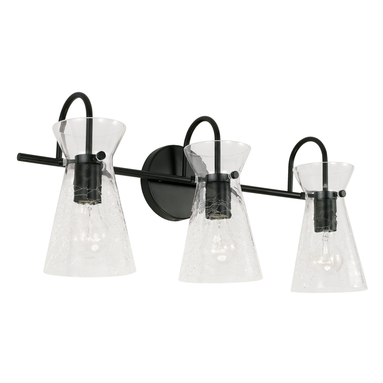 24" W x 11" H x 7.5" E 3-Light Vanity in Matte Black with Clear Half-Crackle Tapered Glass