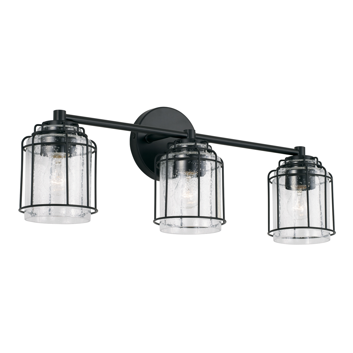24" W x 9" H x 6" E 3-Light Vanity in Matte Black with Clear Seeded Glass and Metal Cage Shade