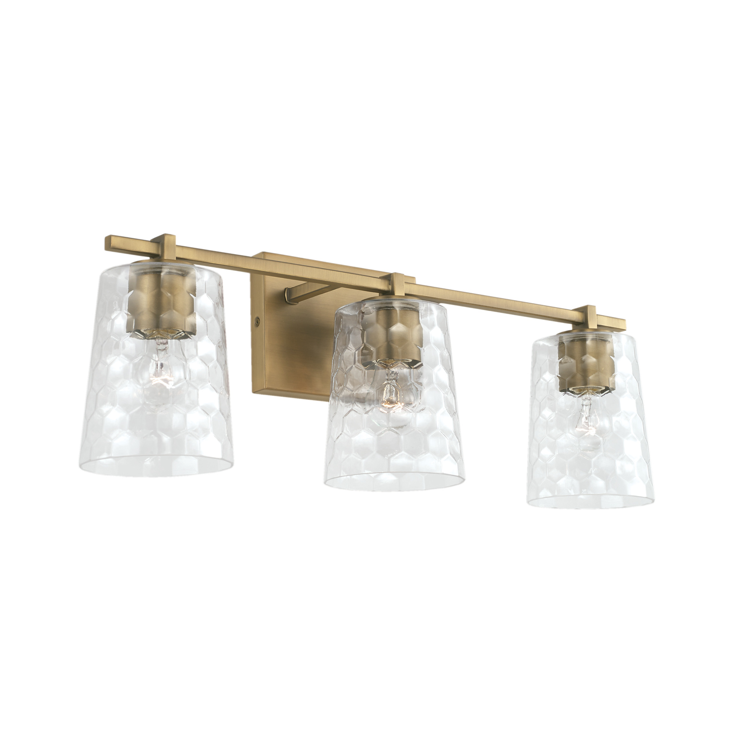 24" W x 8.5" H x 6" E 3-Light Vanity in Aged Brass with Clear Honeycomb Glass