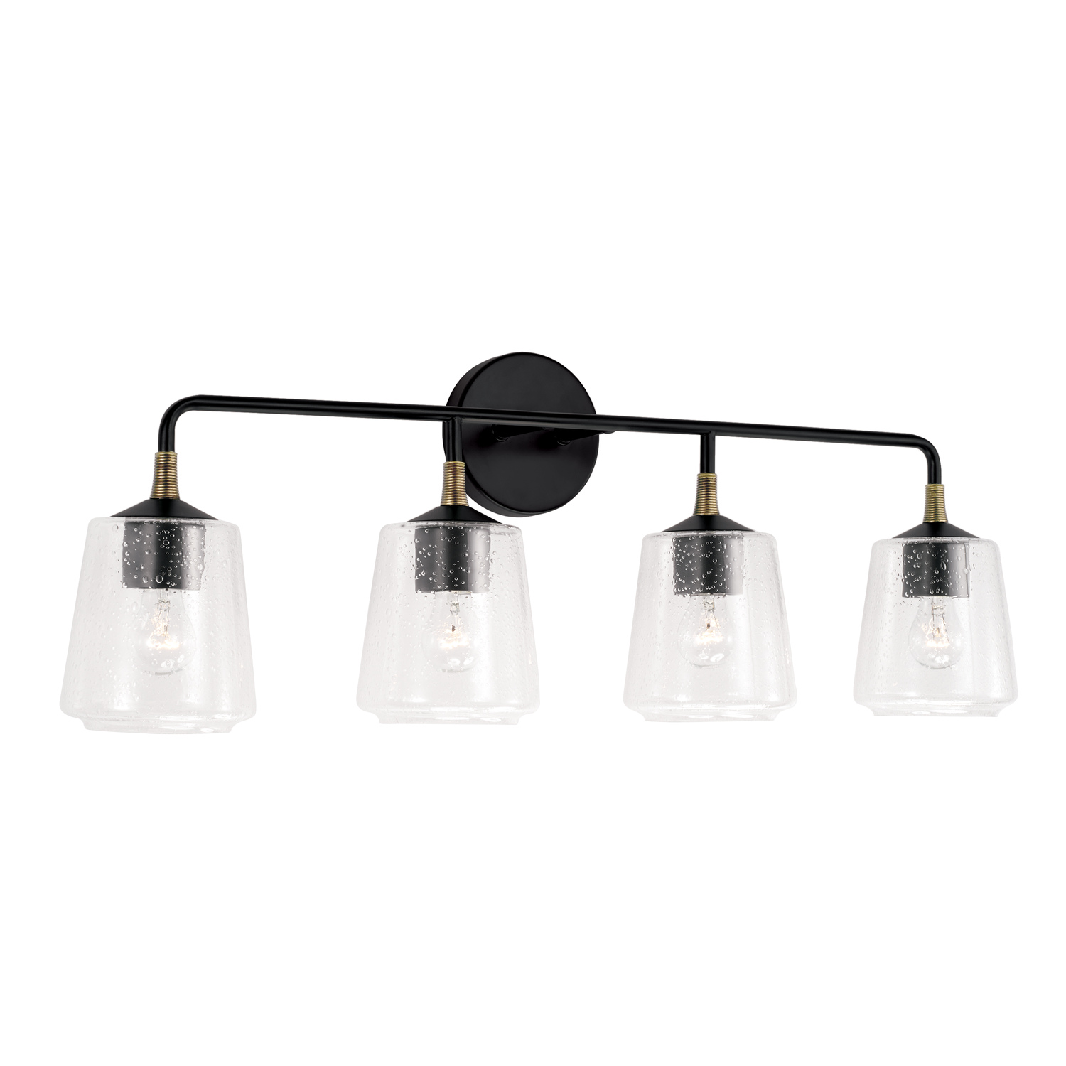 31.5" W x 11.5" H 4-Light Vanity in Matte Black with Brass with Clear Seeded Glass and Brass Wrapped Detail