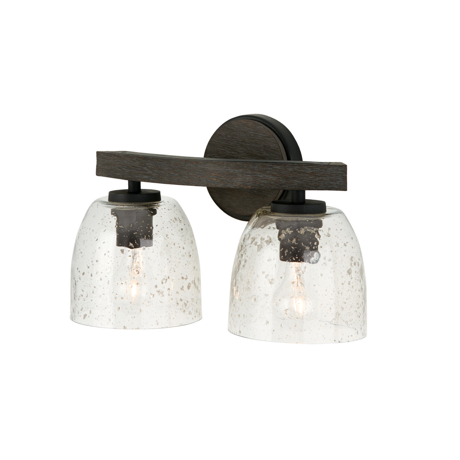 15.5"W x 9.5"H 2-Light Vanity in Carbon Grey and Black Iron with Stone Seeded Glass Handcrafted of Wire-Brushed Mango Wood