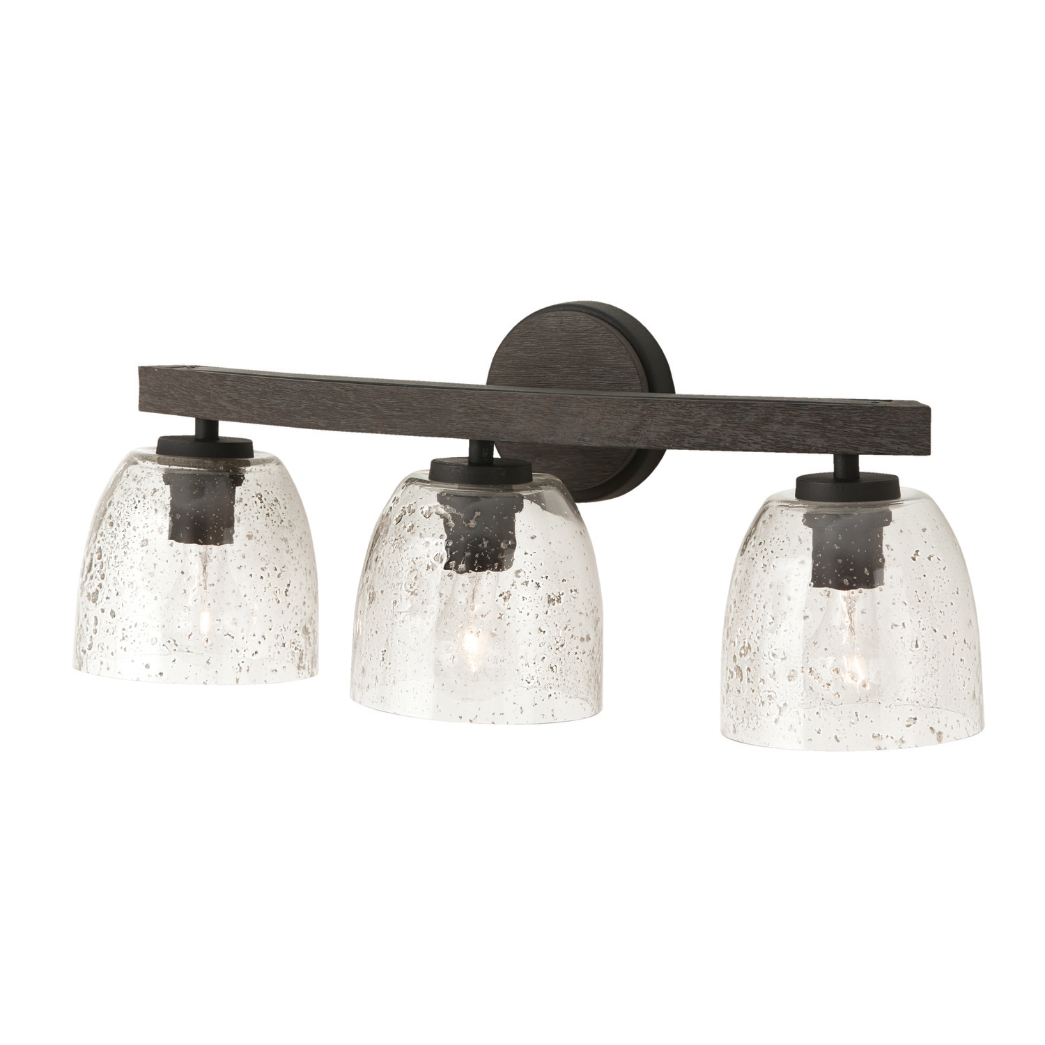 24.5"W x 9.5"H 3-Light Vanity in Carbon Grey and Black Iron with Stone Seeded Glass Handcrafted of Wire-Brushed Mango Wood