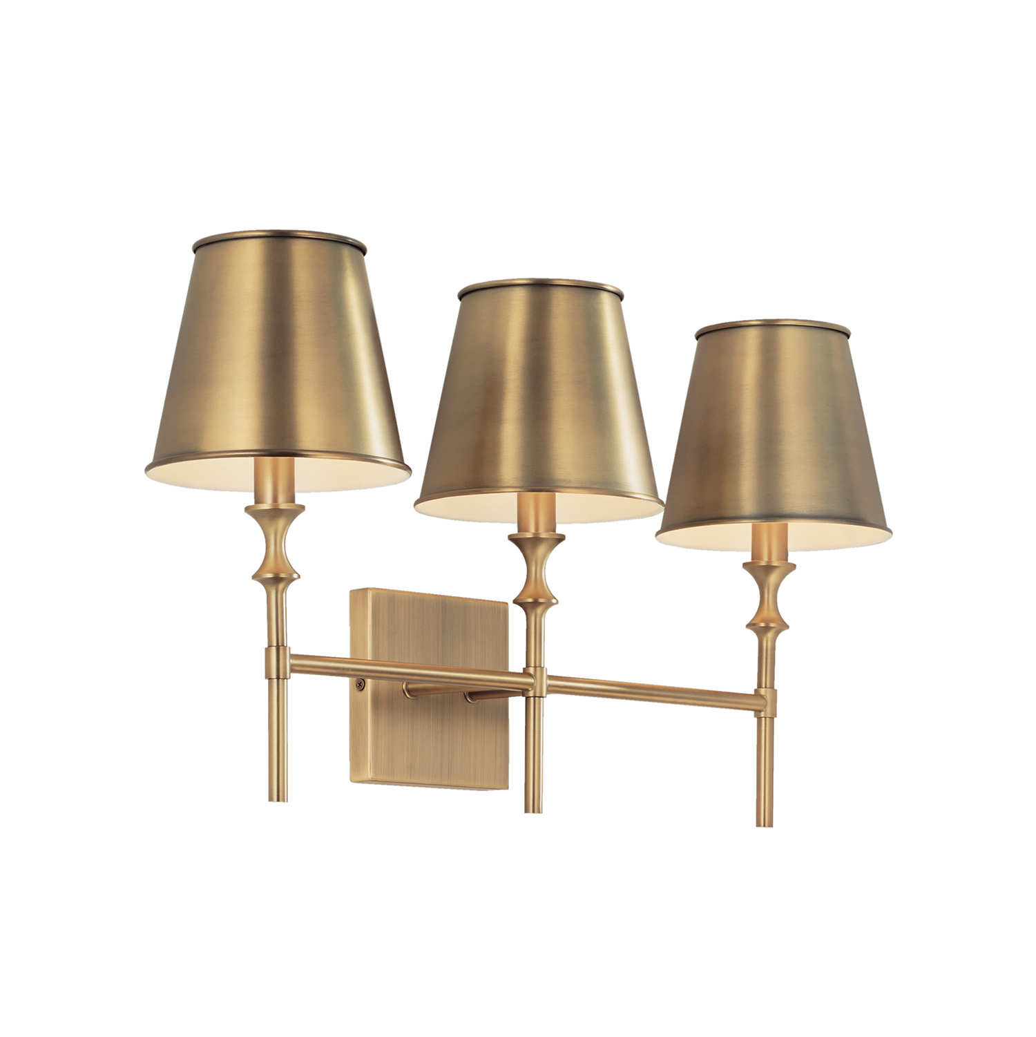24"W x 13.25"H 3-Light Vanity in Aged Brass with White Metal Shade Interior
